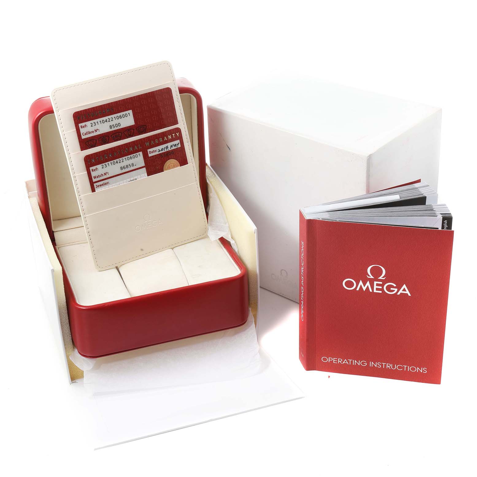 The image shows the Omega Aqua Terra 231.10.42.21.06.001 Men's Stainless Steel Grey Dial 231.10.42.21.06.001 Men's Stainless Steel Grey Dial watch box, warranty cards, and operating instructions booklet.