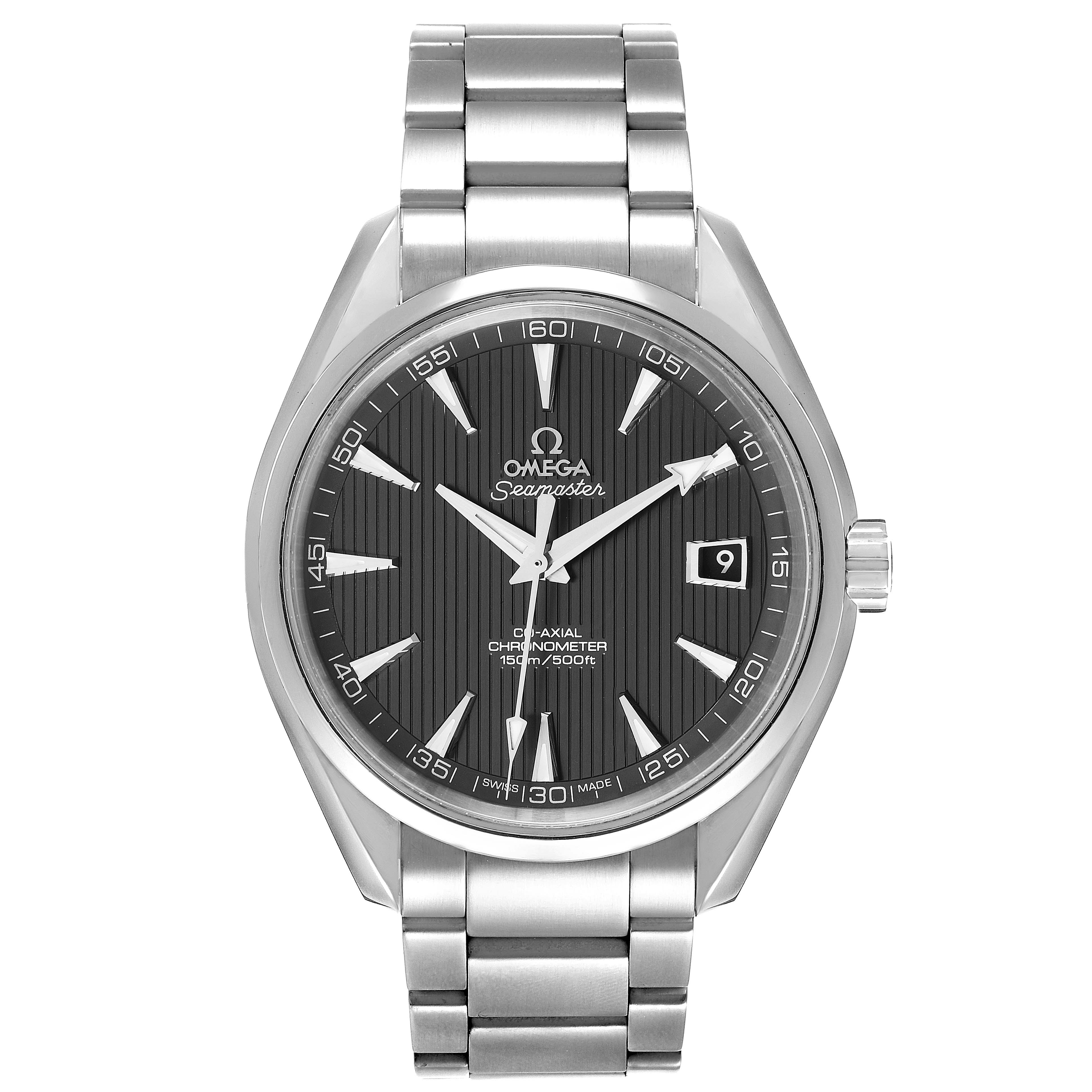 The image shows a front view of the Omega Aqua Terra 231.10.42.21.06.001 Men's Stainless Steel Grey Dial 231.10.42.21.06.001 Men's Stainless Steel Grey Dial Seamaster watch, displaying its face, bezel, and metal bracelet.