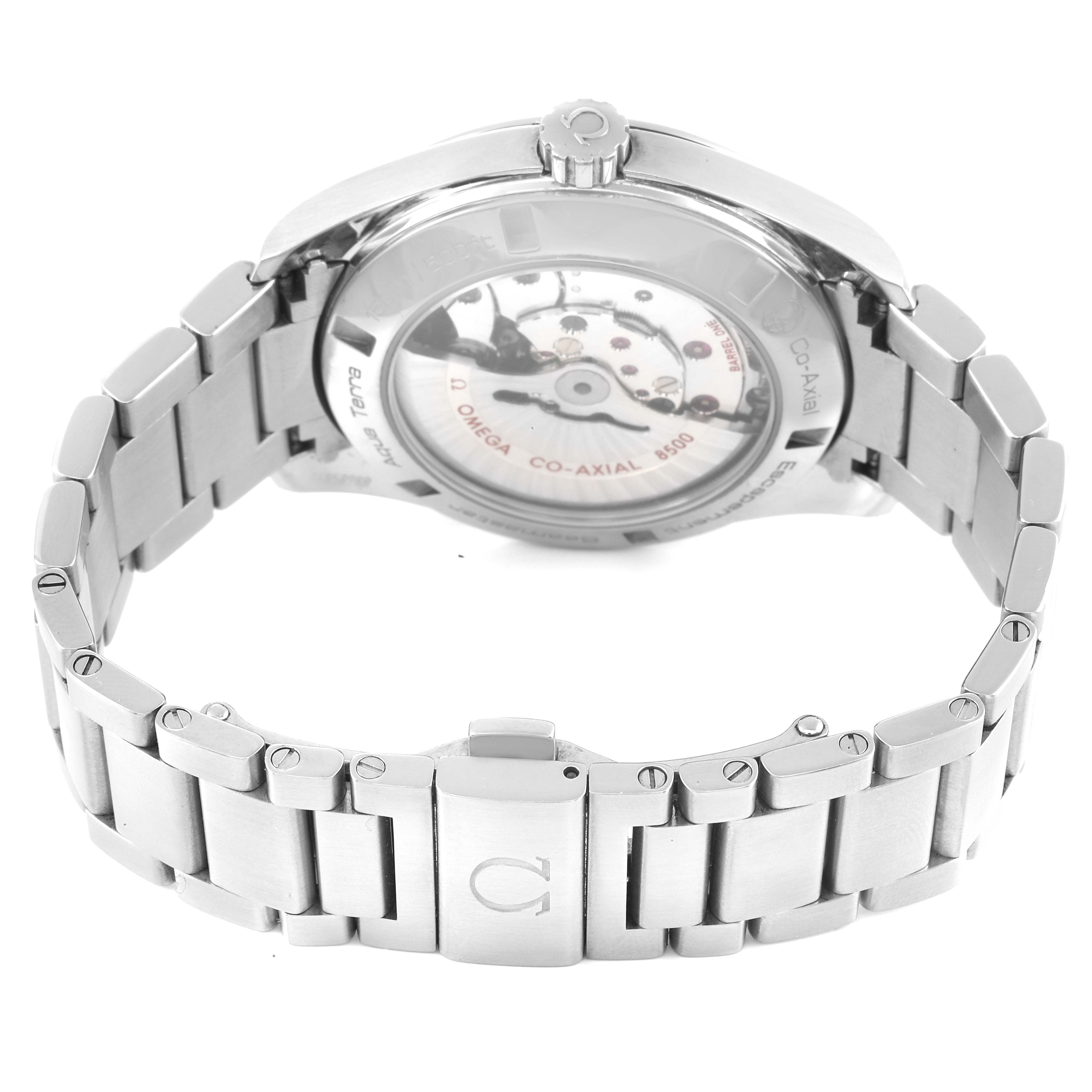 This image shows the back view of an Omega Aqua Terra 231.10.42.21.06.001 Men's Stainless Steel Grey Dial 231.10.42.21.06.001 Men's Stainless Steel Grey Dial watch, featuring the movement mechanics and metal bracelet.