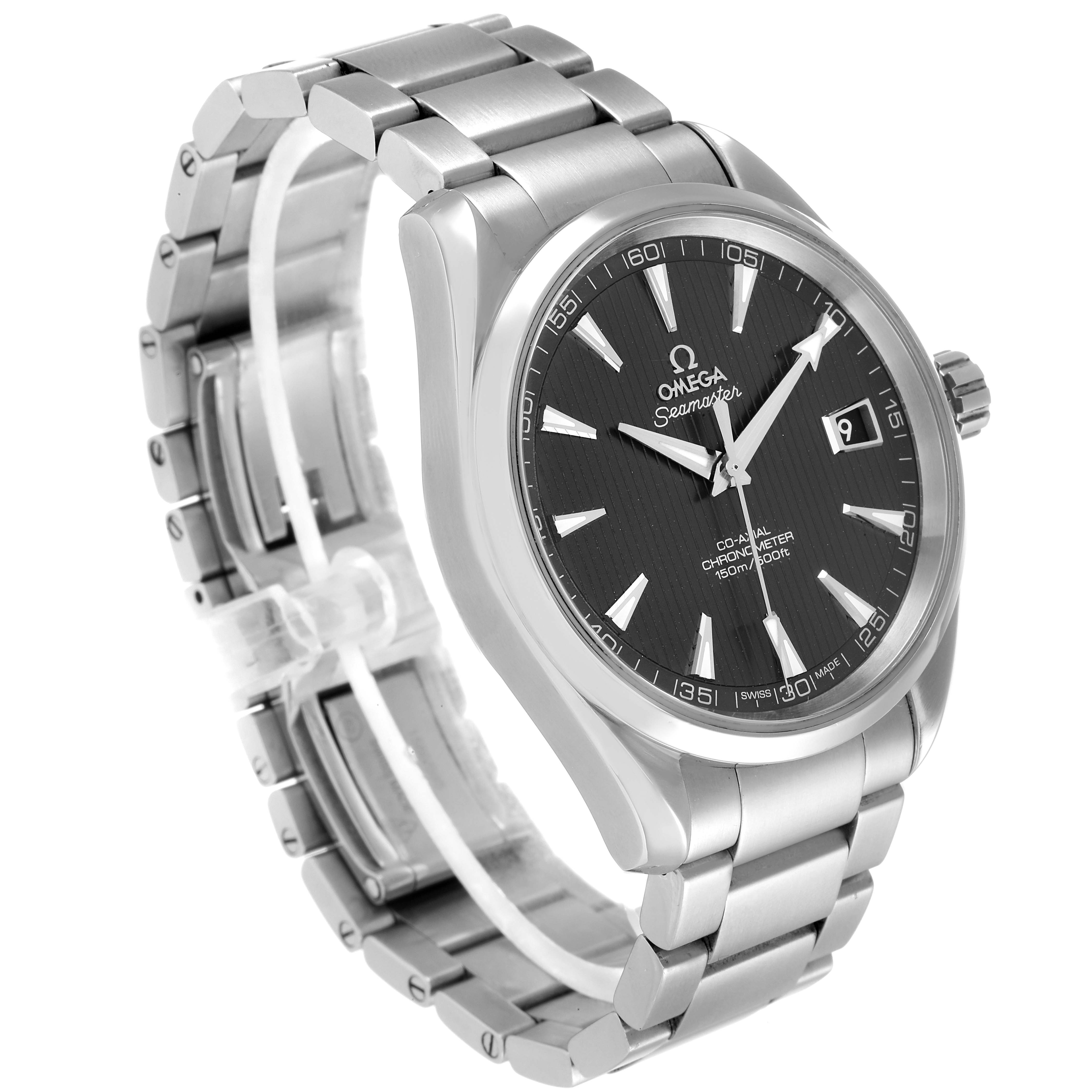 The Aqua Terra Omega watch is shown from a front angle, highlighting the face, bezel, crown, and metal bracelet.