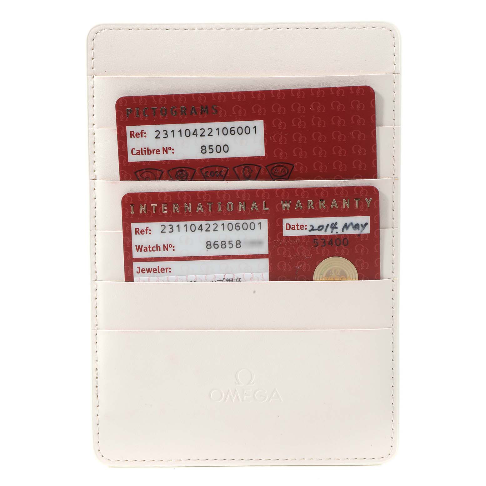 The image shows a holder containing two cards: a Pictogram card and an International Warranty card for the Omega Aqua Terra 231.10.42.21.06.001 Men's Stainless Steel Grey Dial 231.10.42.21.06.001 Men's Stainless Steel Grey Dial watch.