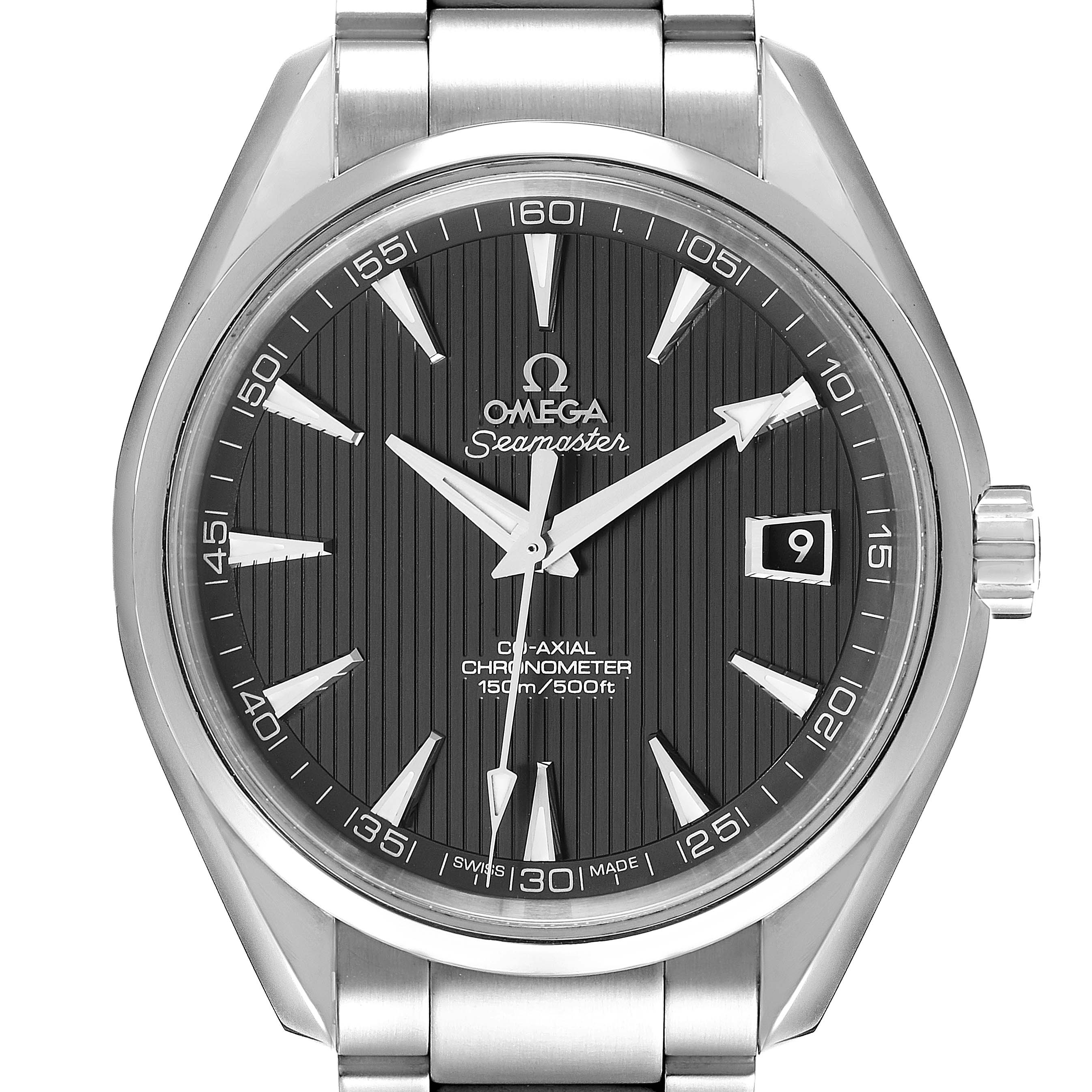 The image shows a frontal view of the Omega Seamaster Aqua Terra watch, highlighting its face, bezel, and part of the bracelet.