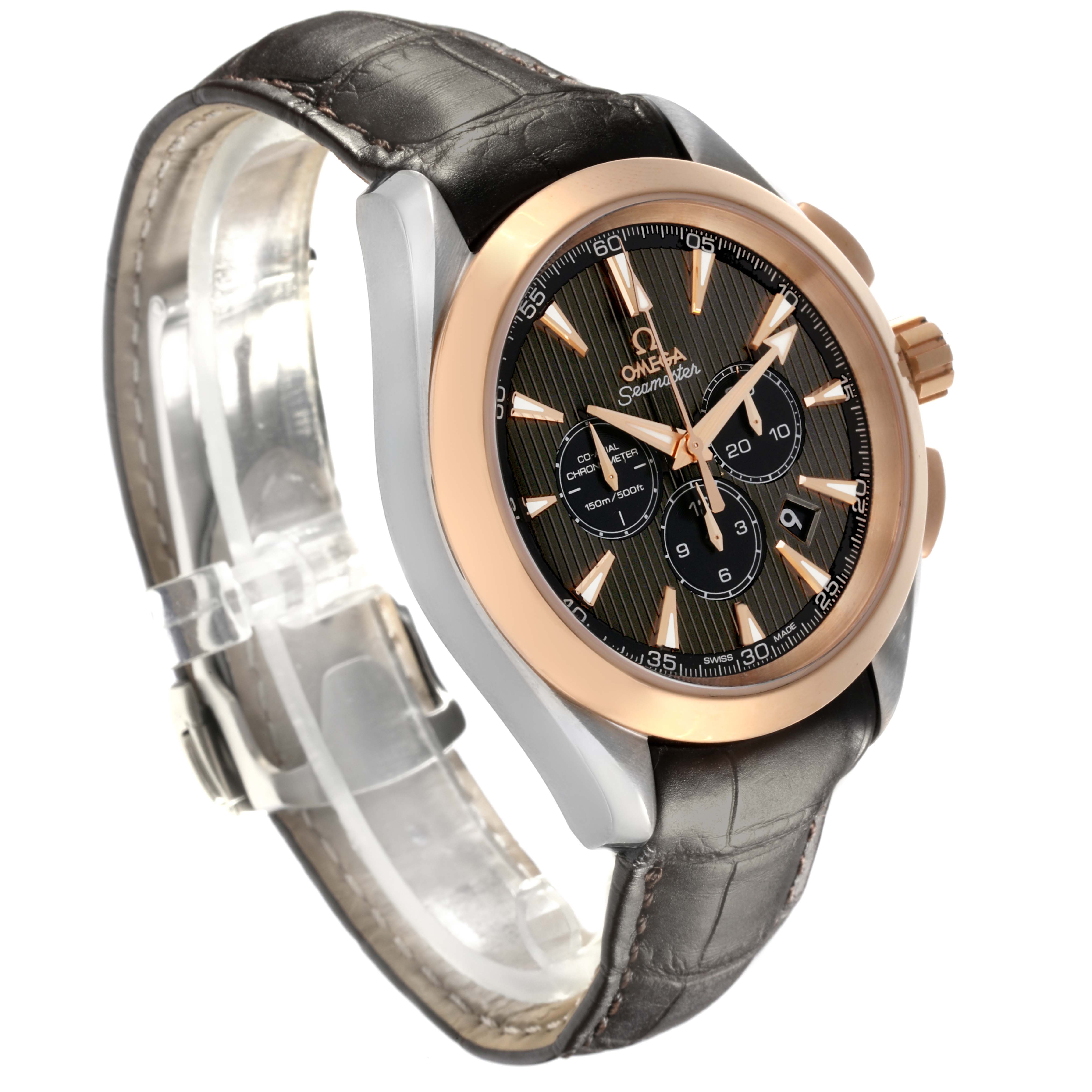 The Omega Aqua Terra 231.23.44.50.06.001 Men's Steel and Gold (two tone) Grey Dial 231.23.44.50.06.001 Men's Steel and Gold (two tone) Grey Dial watch is shown at a three-quarter angle displaying the face, bezel, strap, and crown.