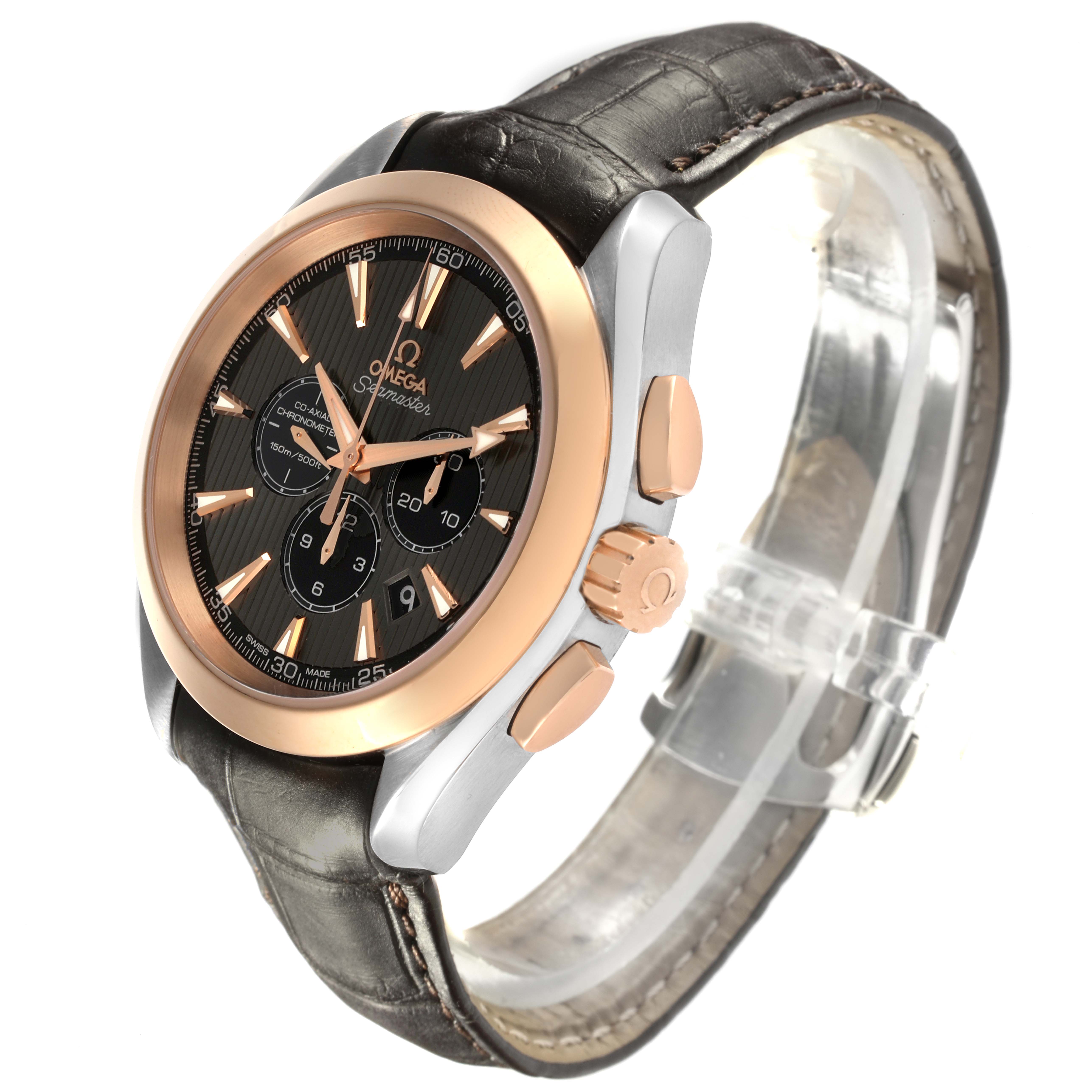 The Omega Aqua Terra 231.23.44.50.06.001 Men's Steel and Gold (two tone) Grey Dial 231.23.44.50.06.001 Men's Steel and Gold (two tone) Grey Dial watch is shown at an angled view, highlighting the bezel, dial, crown, and strap.