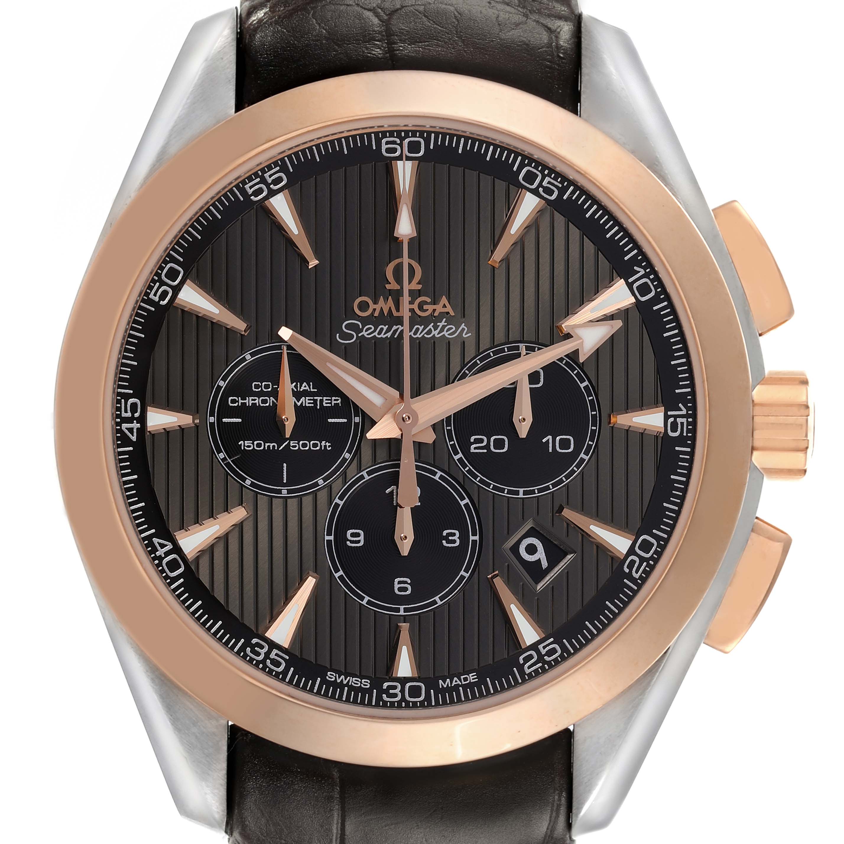 The Omega Aqua Terra 231.23.44.50.06.001 Men's Steel and Gold (two tone) Grey Dial 231.23.44.50.06.001 Men's Steel and Gold (two tone) Grey Dial watch is shown from a front angle, detailing its face, bezel, and part of the leather strap.
