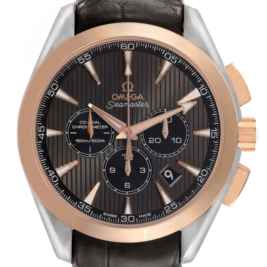 The Omega Aqua Terra watch is shown from a front angle, detailing its face, bezel, and part of the leather strap.