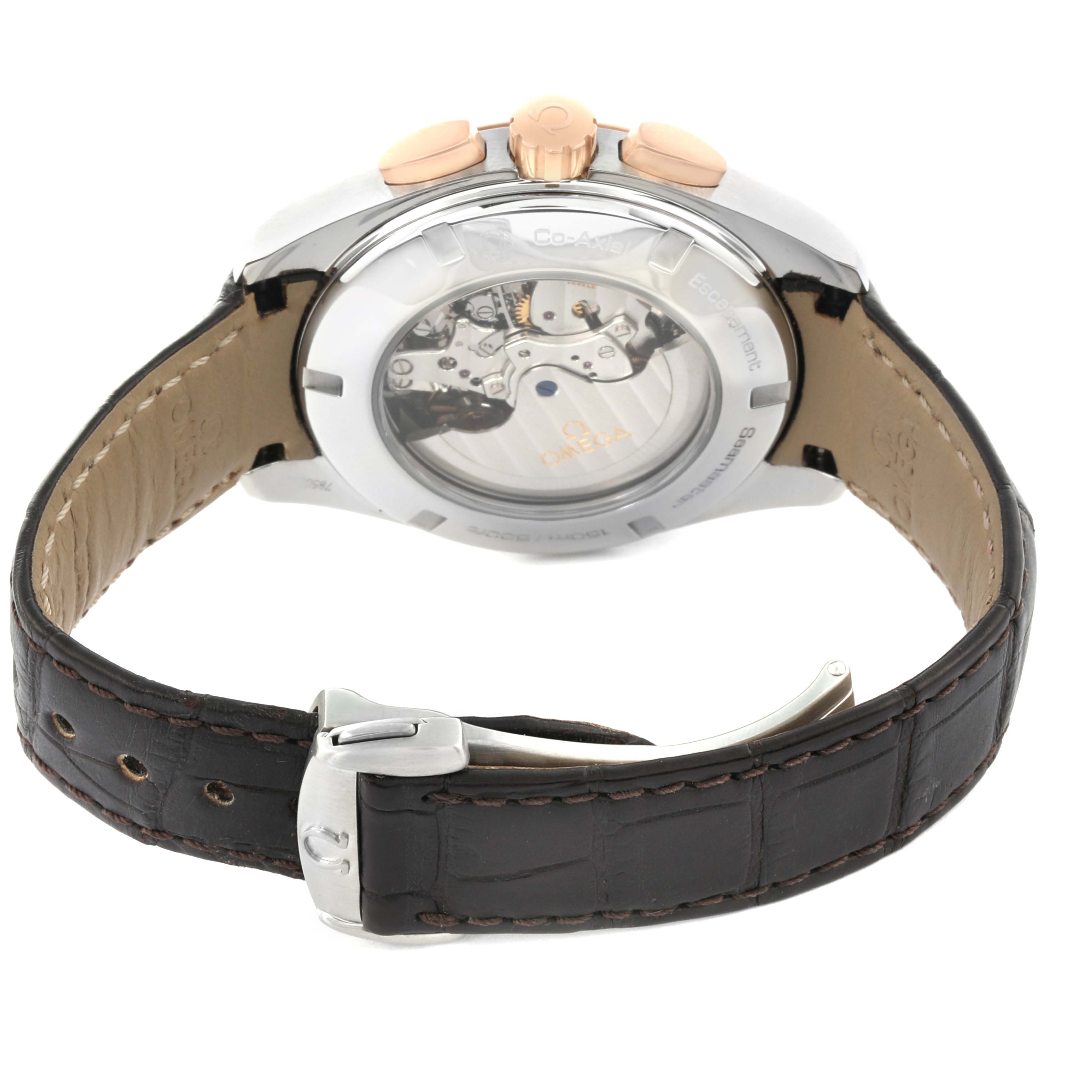 The Omega Aqua Terra 231.23.44.50.06.001 Men's Steel and Gold (two tone) Grey Dial 231.23.44.50.06.001 Men's Steel and Gold (two tone) Grey Dial watch is shown from the back, displaying the case back and movement, along with the leather strap and clasp.