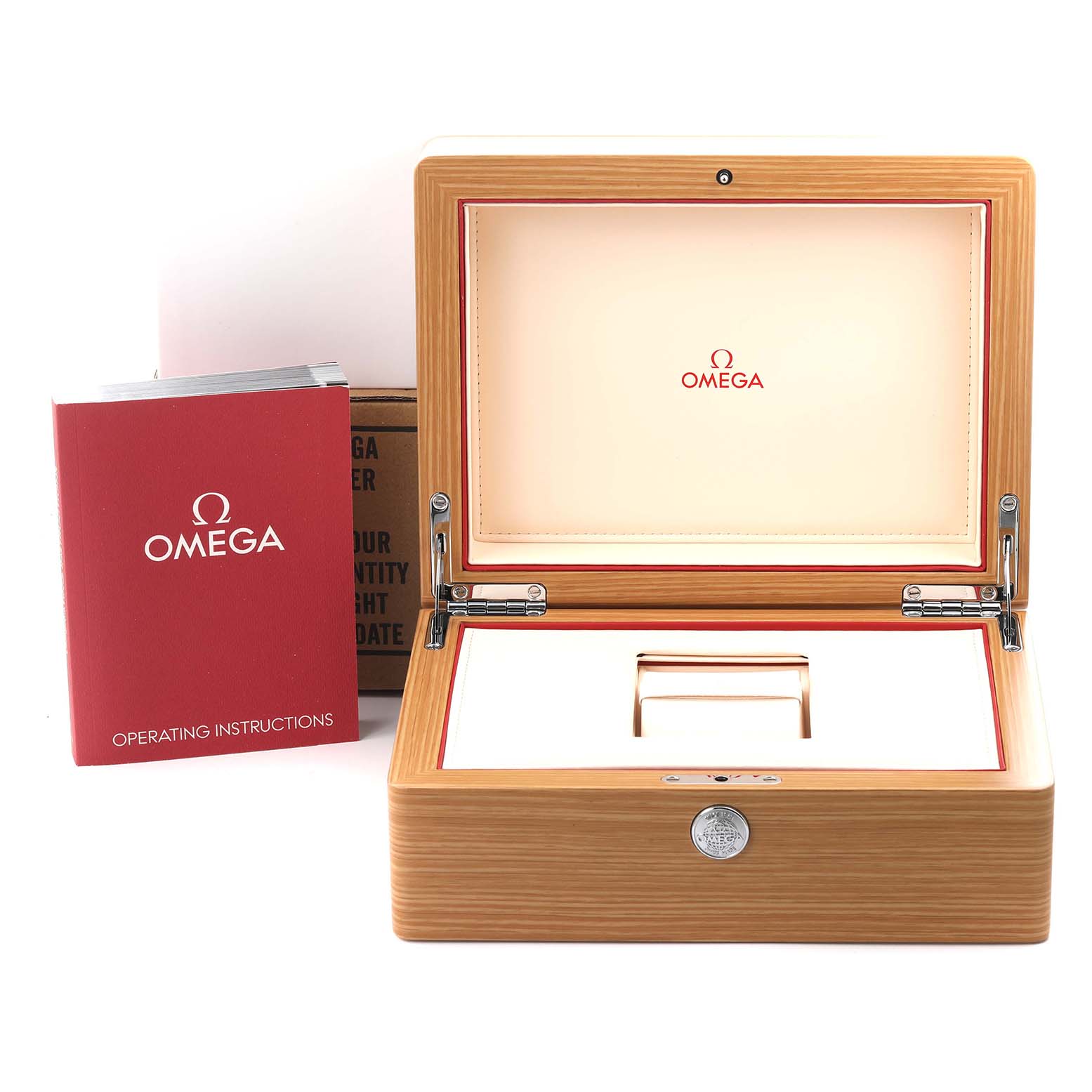 The image shows an open case and instruction manual for the Omega Aqua Terra 231.23.44.50.06.001 Men's Steel and Gold (two tone) Grey Dial 231.23.44.50.06.001 Men's Steel and Gold (two tone) Grey Dial watch.