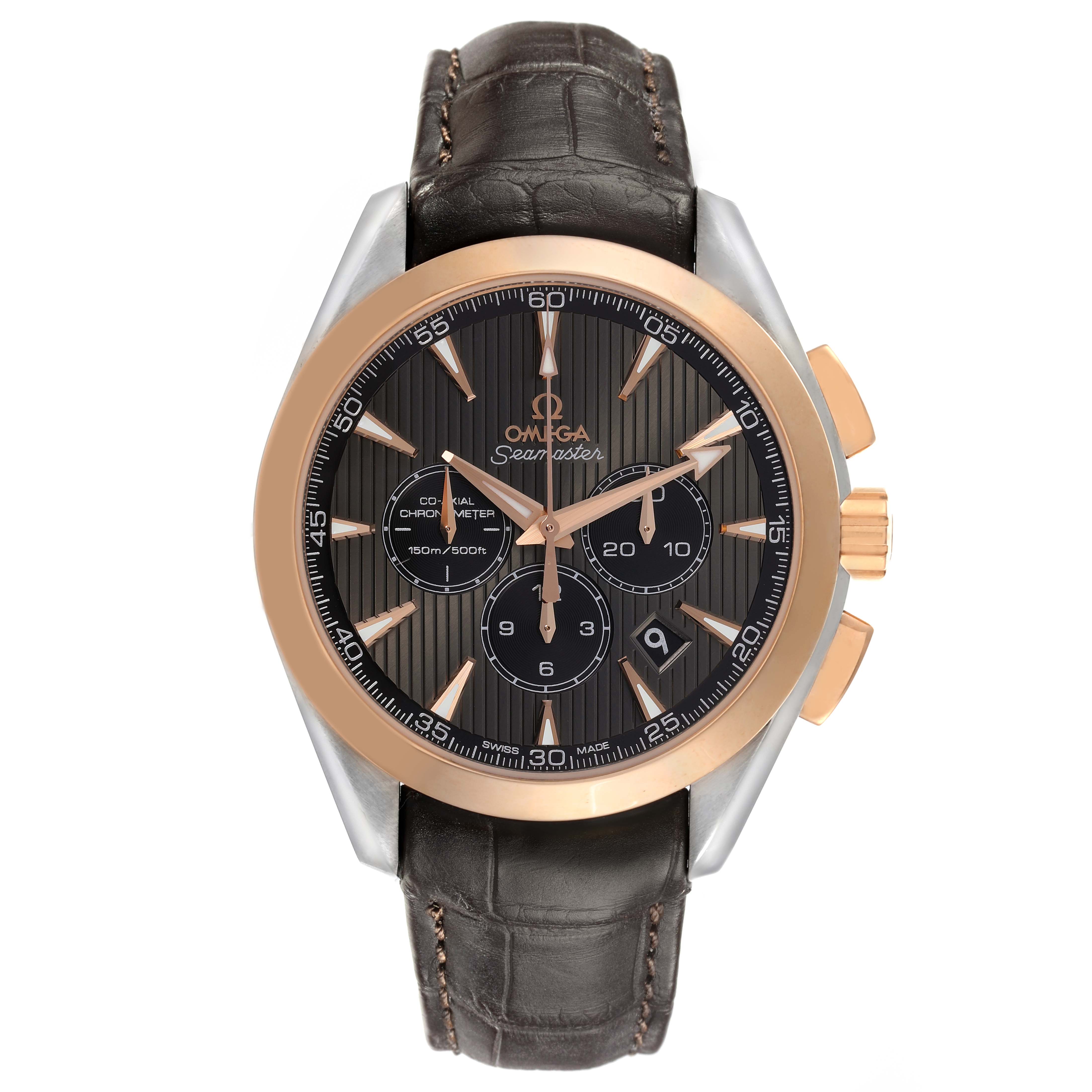 The Omega Aqua Terra 231.23.44.50.06.001 Men's Steel and Gold (two tone) Grey Dial 231.23.44.50.06.001 Men's Steel and Gold (two tone) Grey Dial watch is shown in a front view, displaying the face, hands, bezel, and leather strap.