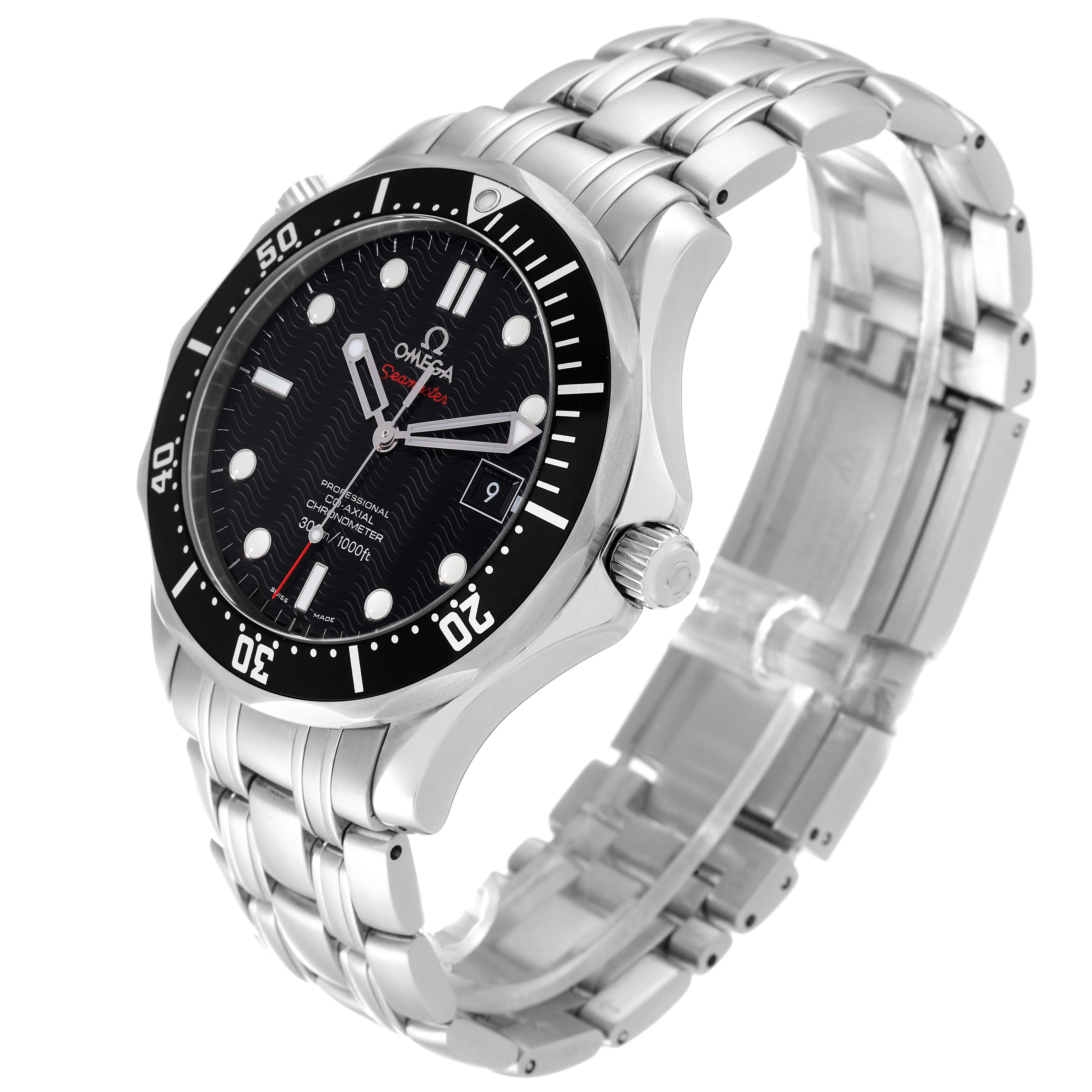 This Omega Seamaster 212.30.41.20.01.002 Men
s Stainless Steel Black Dial 212.30.41.20.01.002 Men
s Stainless Steel Black Dial watch is shown from a three-quarter angle, highlighting the face, bezel, and bracelet.