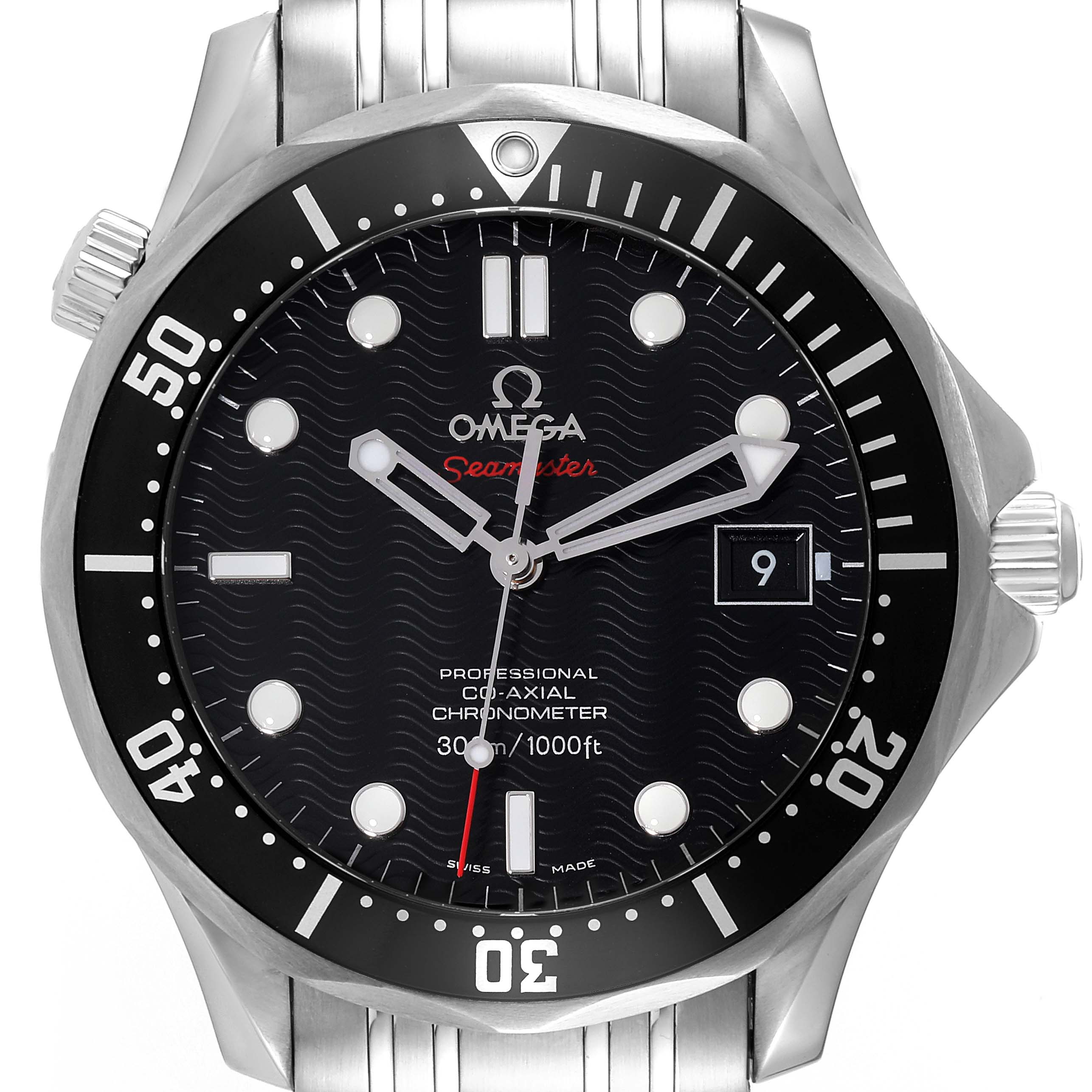 The image shows a front view of the Omega Seamaster 212.30.41.20.01.002 Men
s Stainless Steel Black Dial 212.30.41.20.01.002 Men
s Stainless Steel Black Dial watch, highlighting its face, bezel, crown, and part of its stainless steel bracelet.