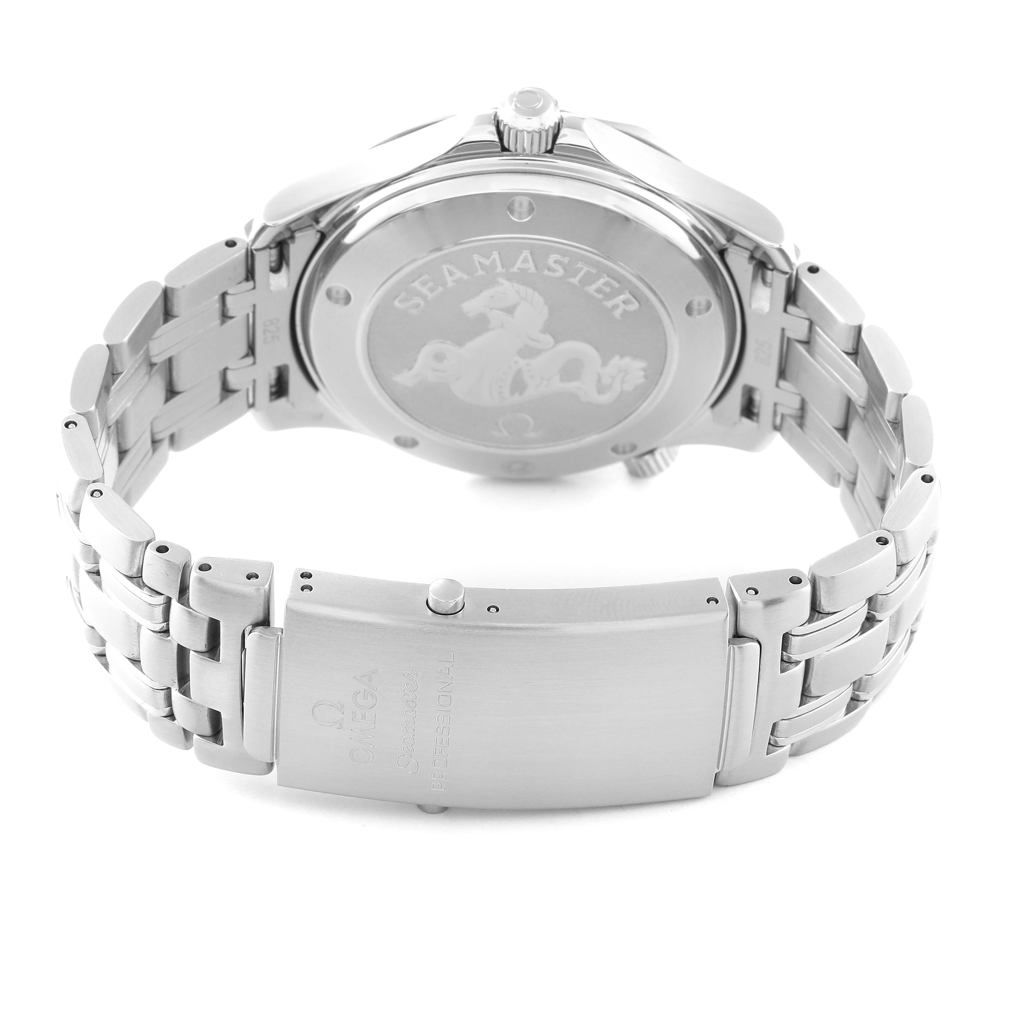 This image shows the back case and stainless steel bracelet of the Omega Seamaster 212.30.41.20.01.002 Men
s Stainless Steel Black Dial 212.30.41.20.01.002 Men
s Stainless Steel Black Dial watch from a rear angle.