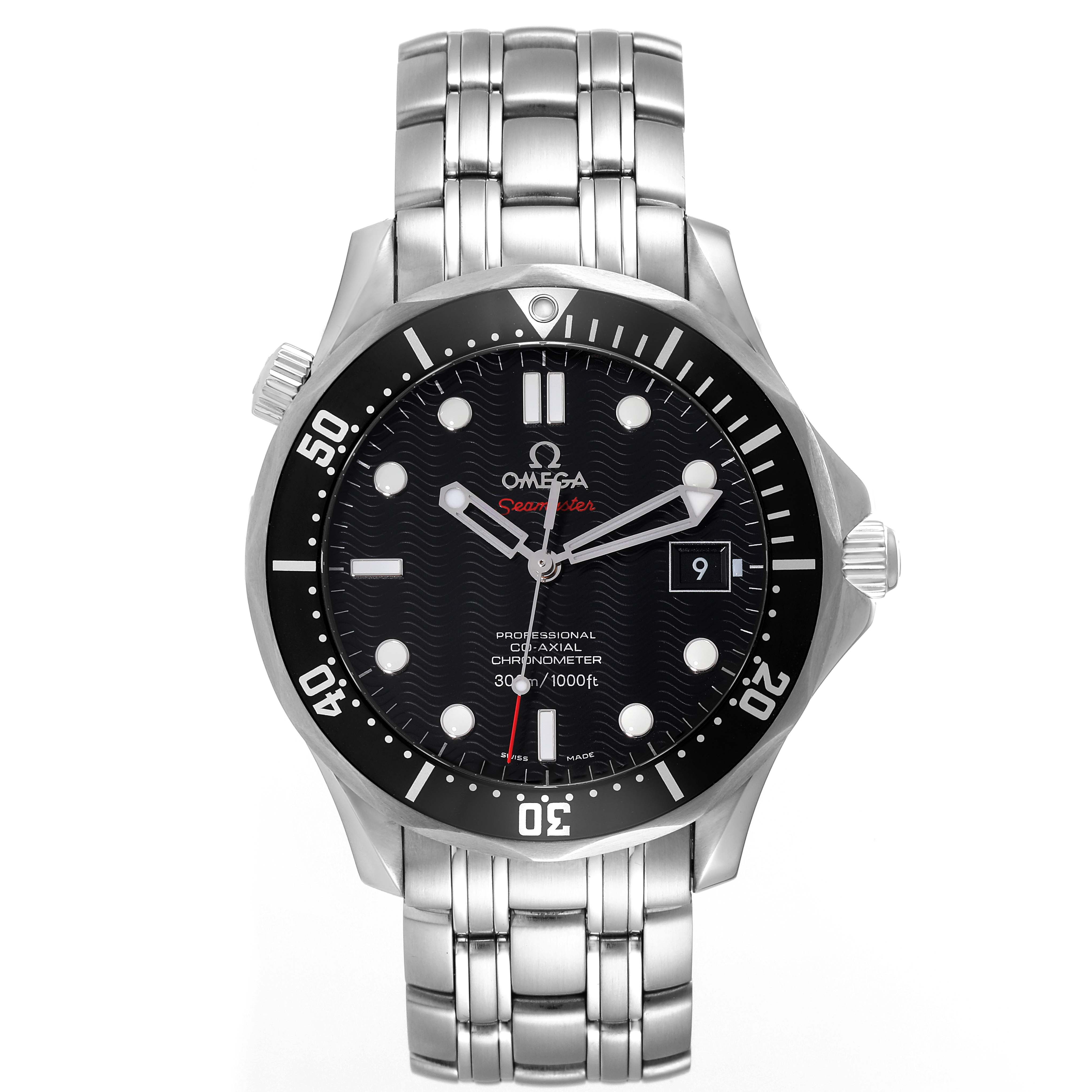 The image shows a front view of the Omega Seamaster 212.30.41.20.01.002 Men
s Stainless Steel Black Dial 212.30.41.20.01.002 Men
s Stainless Steel Black Dial watch, displaying the dial, bezel, bracelet, and crown prominently.