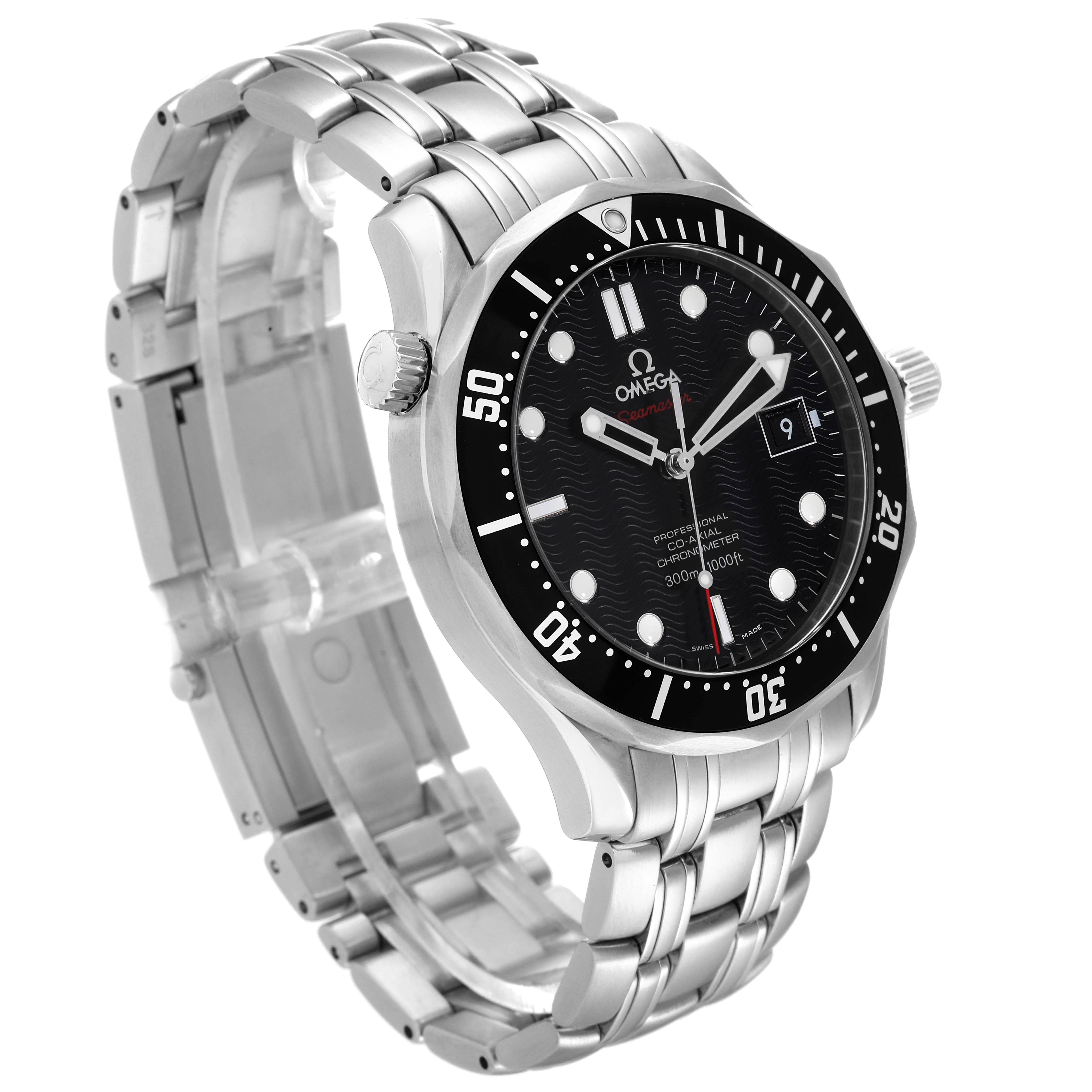 The Omega Seamaster 212.30.41.20.01.002 Men
s Stainless Steel Black Dial 212.30.41.20.01.002 Men
s Stainless Steel Black Dial watch is shown at a three-quarter angle, highlighting the black dial, bezel, and metal bracelet.