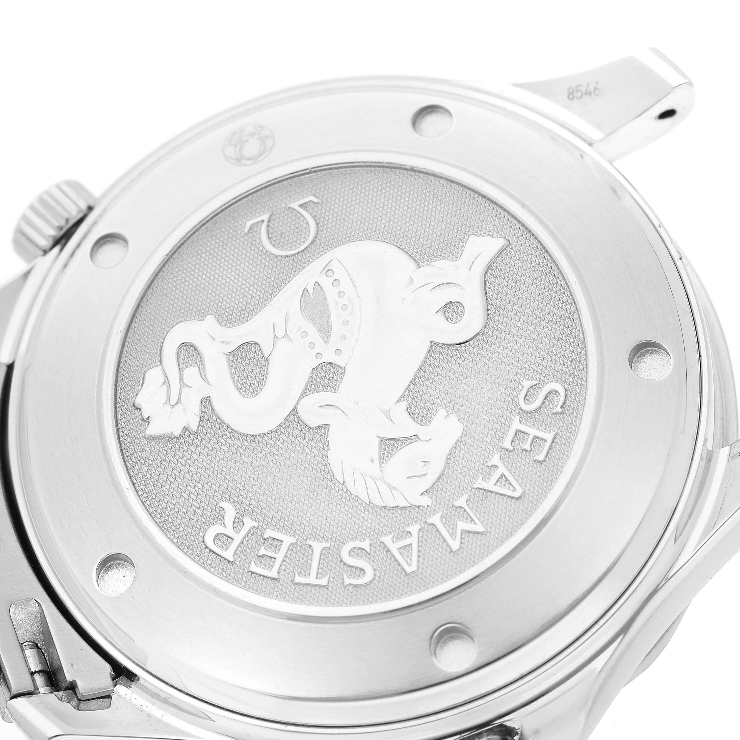 The image shows the back case of an Omega Seamaster 212.30.41.20.01.002 Men
s Stainless Steel Black Dial 212.30.41.20.01.002 Men
s Stainless Steel Black Dial watch featuring the engraved logo and branding.