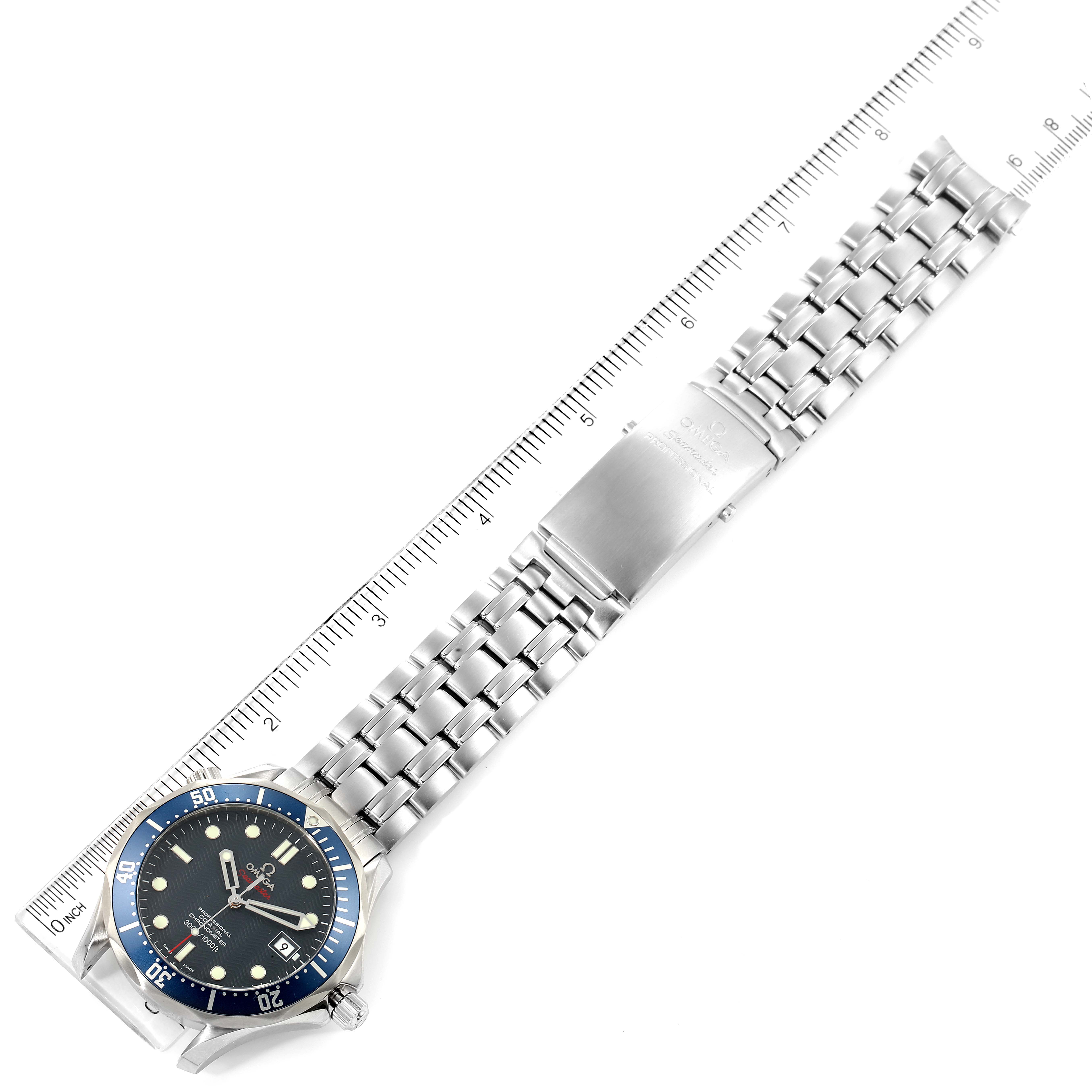 The Omega Seamaster 2220.80.00 Men's Stainless Steel Blue Dial 2220.80.00 Men's Stainless Steel Blue Dial watch is shown from an overhead angle, displaying its full stainless steel bracelet, clasp, and bezel.