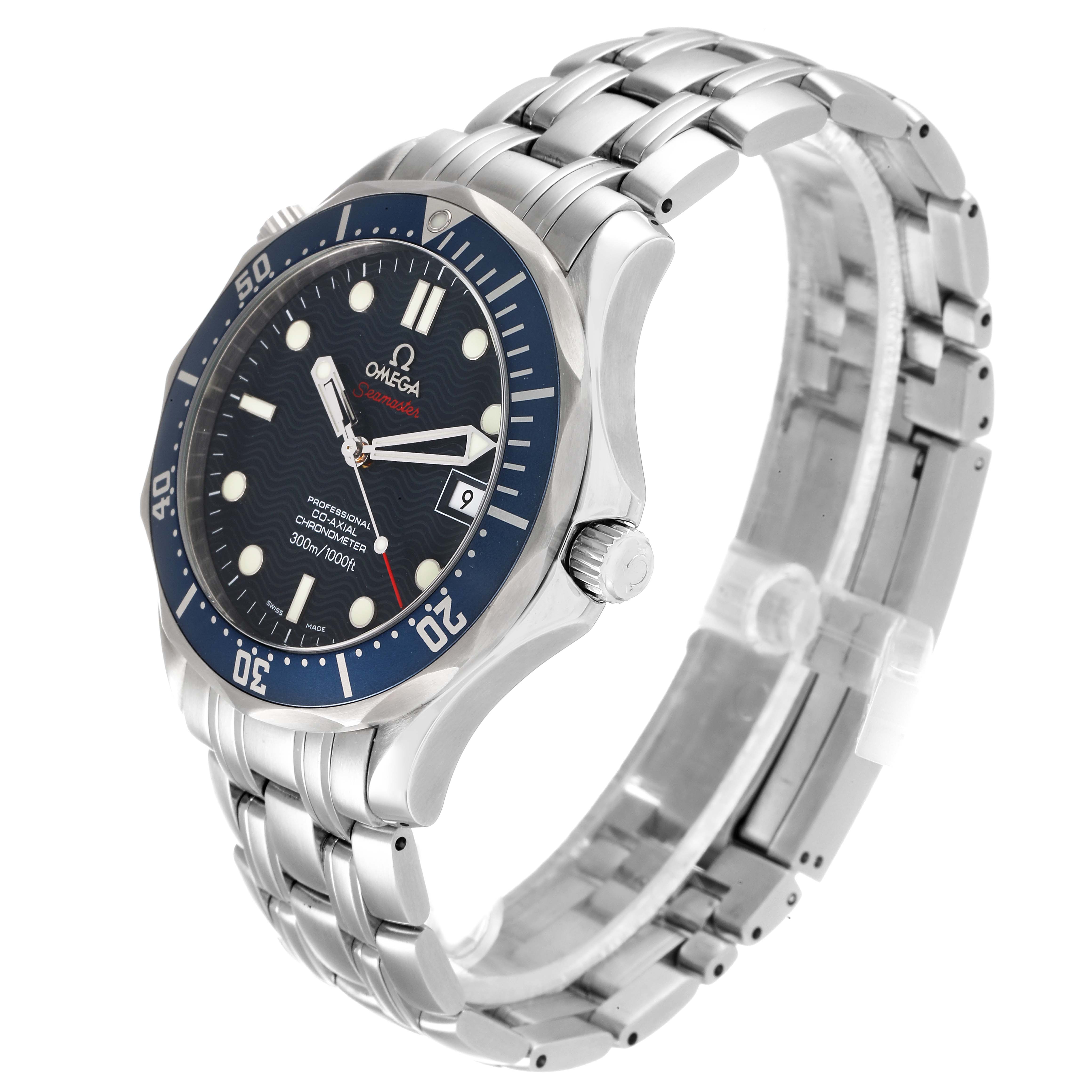 The image shows an angled view of the Omega Seamaster 2220.80.00 Men's Stainless Steel Blue Dial 2220.80.00 Men's Stainless Steel Blue Dial watch, showcasing its face, bezel, crown, and stainless steel bracelet.