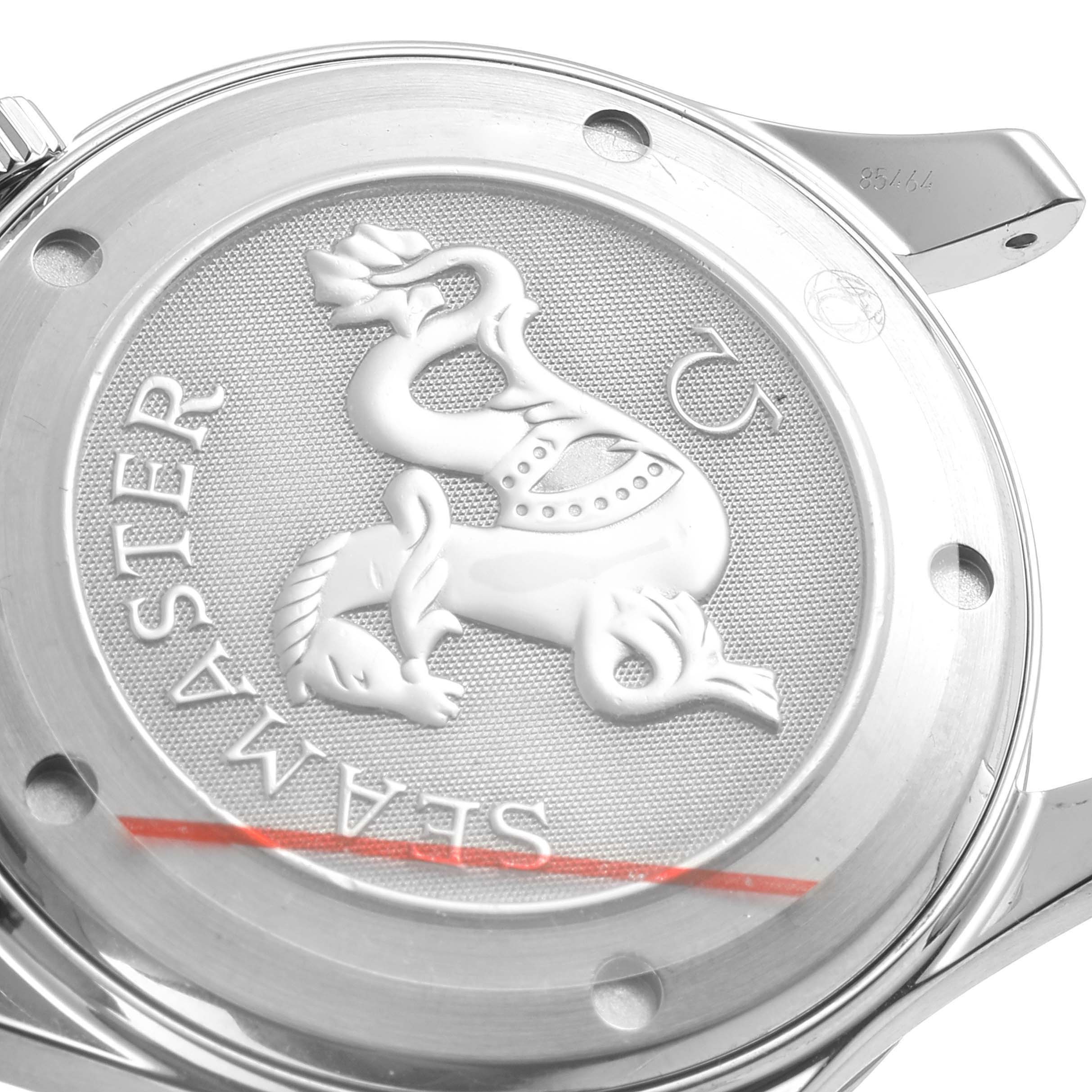 The image shows the case back of an Omega Seamaster 2220.80.00 Men's Stainless Steel Blue Dial 2220.80.00 Men's Stainless Steel Blue Dial watch, highlighting the engraved logo and text.