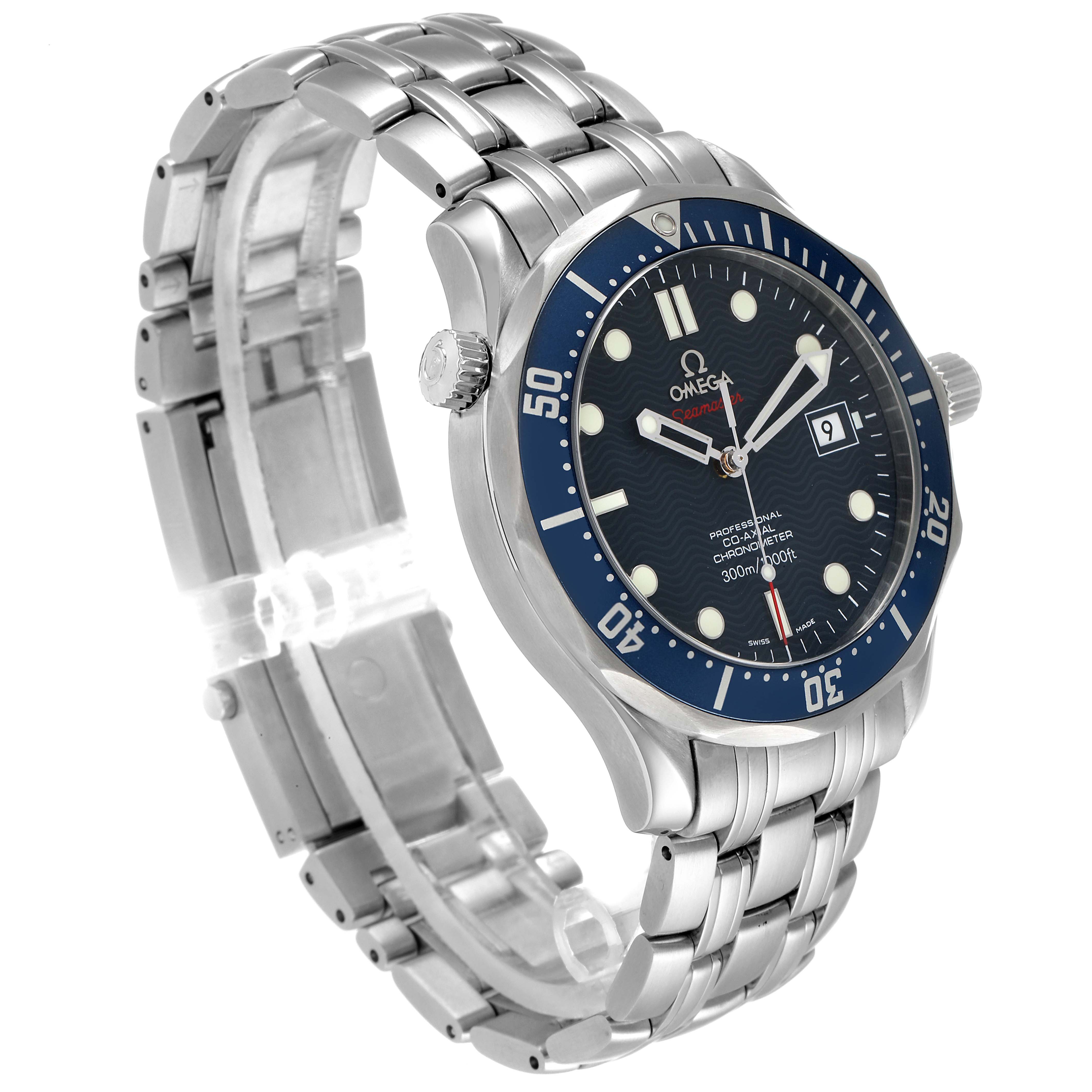 The image shows an angled view of an Omega Seamaster 2220.80.00 Men's Stainless Steel Blue Dial 2220.80.00 Men's Stainless Steel Blue Dial watch, highlighting the face, bezel, bracelet, and crown.