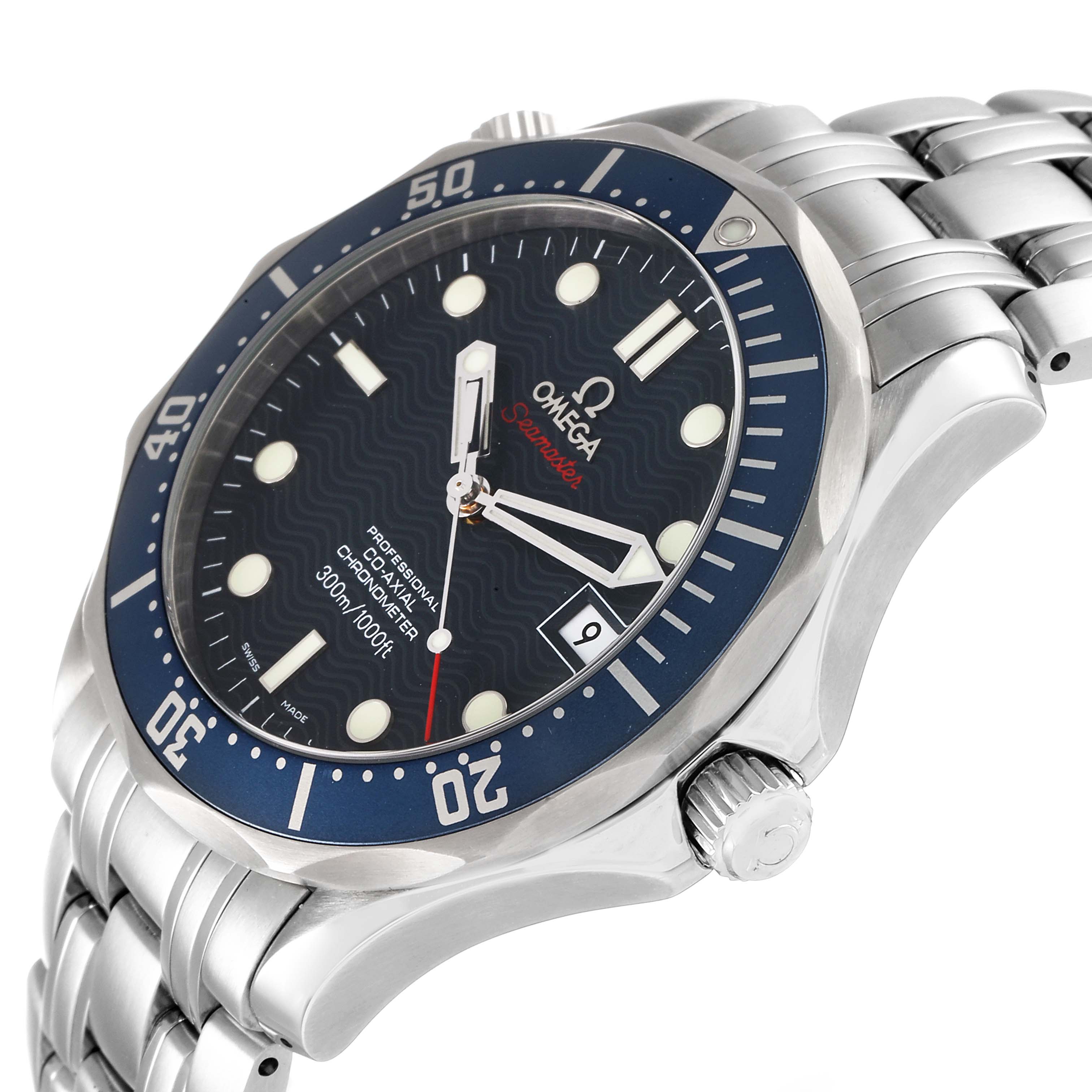 The image shows the Omega Seamaster 2220.80.00 Men's Stainless Steel Blue Dial 2220.80.00 Men's Stainless Steel Blue Dial watch from a side angle, displaying the bezel, face, crown, and part of the bracelet.