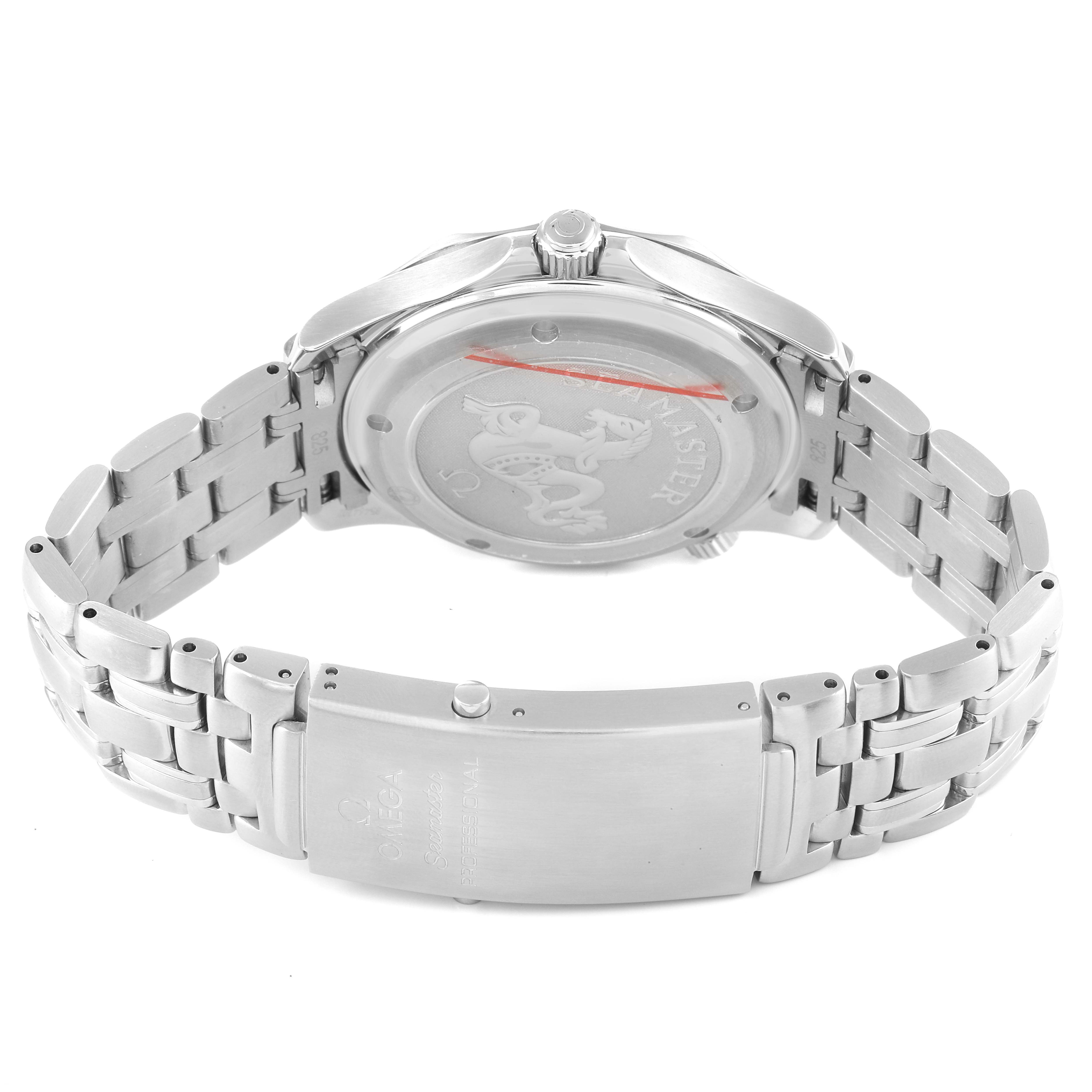 The image shows the back case and bracelet of an Omega Seamaster 2220.80.00 Men's Stainless Steel Blue Dial 2220.80.00 Men's Stainless Steel Blue Dial watch from a rear angle.