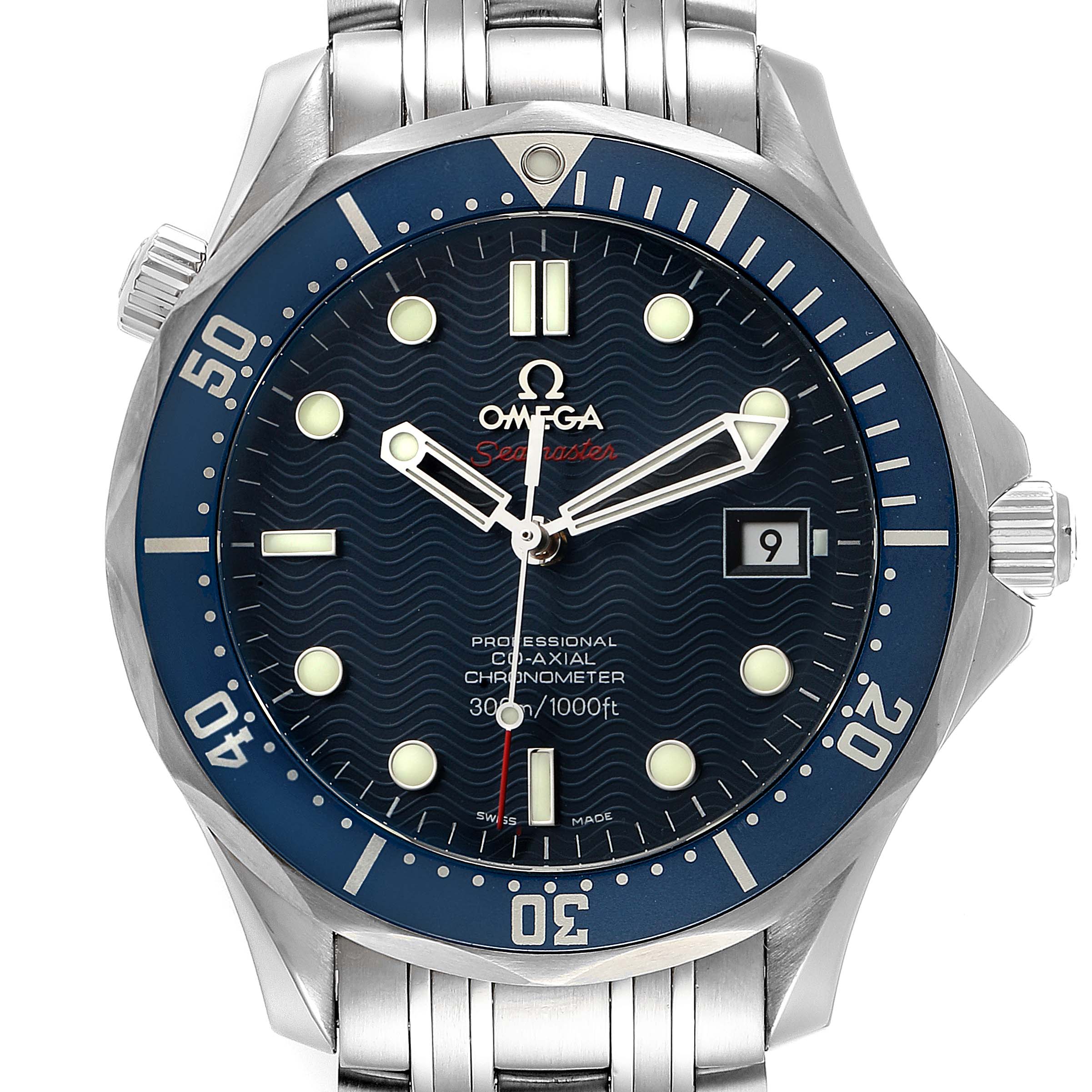 The image shows a front view of the Omega Seamaster 2220.80.00 Men's Stainless Steel Blue Dial 2220.80.00 Men's Stainless Steel Blue Dial watch, displaying the dial, bezel, bracelet, and crown.
