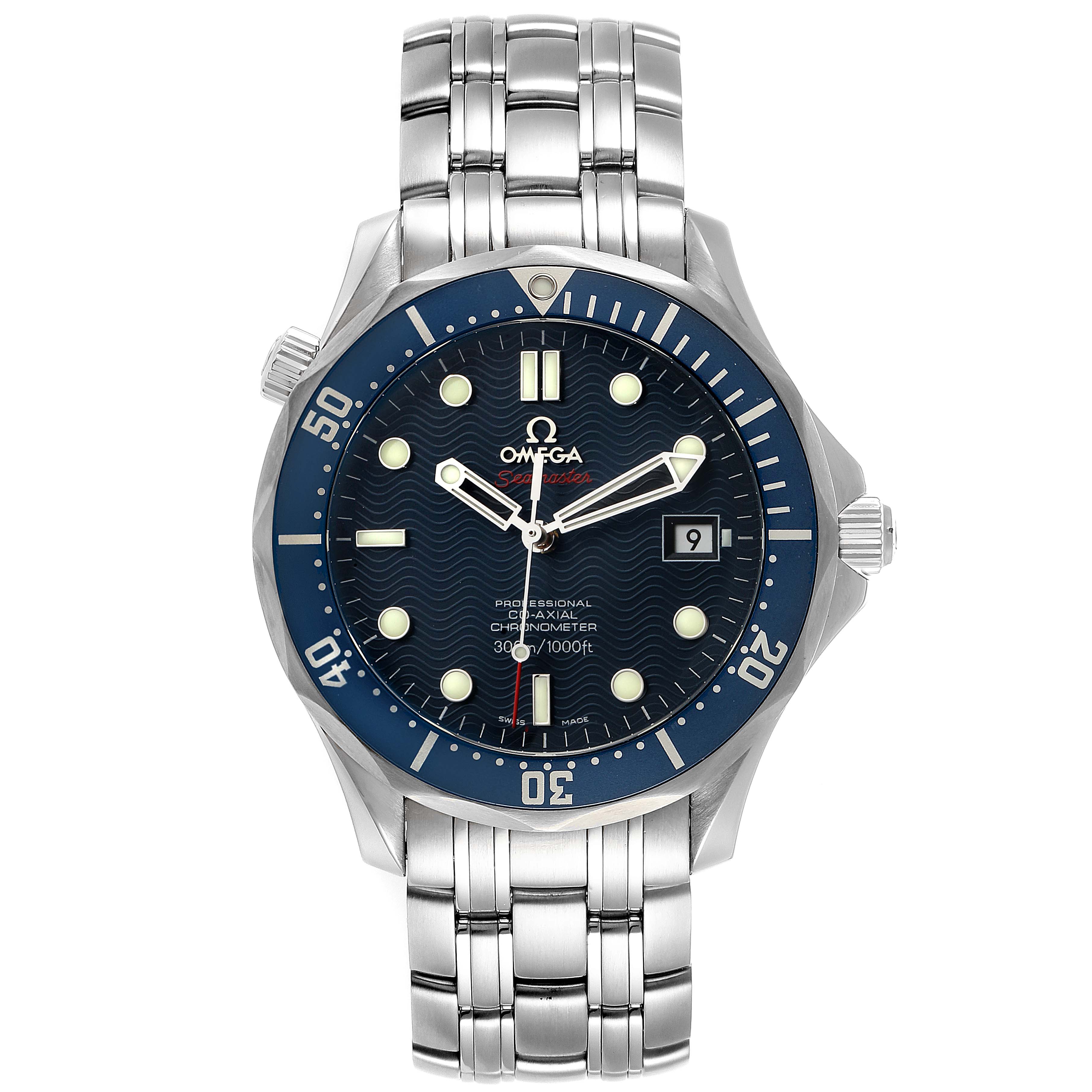 The image shows the front view of an Omega Seamaster 2220.80.00 Men's Stainless Steel Blue Dial 2220.80.00 Men's Stainless Steel Blue Dial watch, highlighting the dial, bezel, hands, crown, and bracelet.
