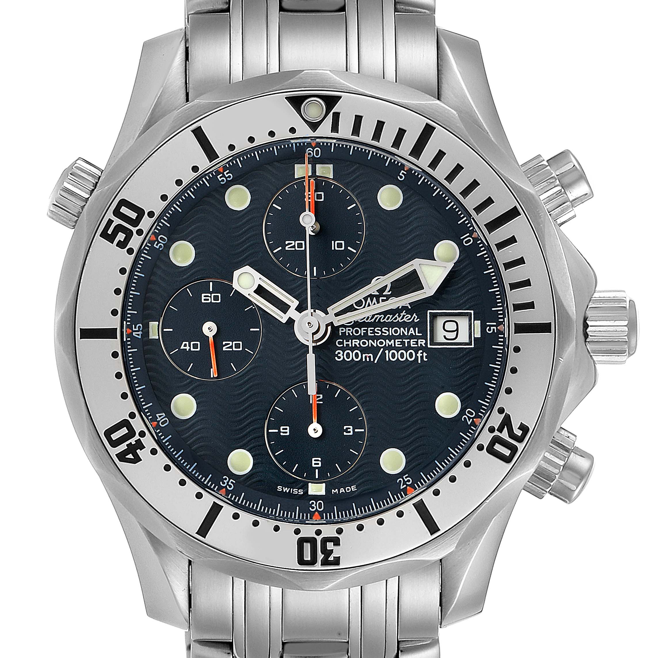 The image shows a front view of the Omega Seamaster 2598.80.00 Men
s Stainless Steel Blue Dial 2598.80.00 Men
s Stainless Steel Blue Dial watch, highlighting its dial, bezel, and bracelet.