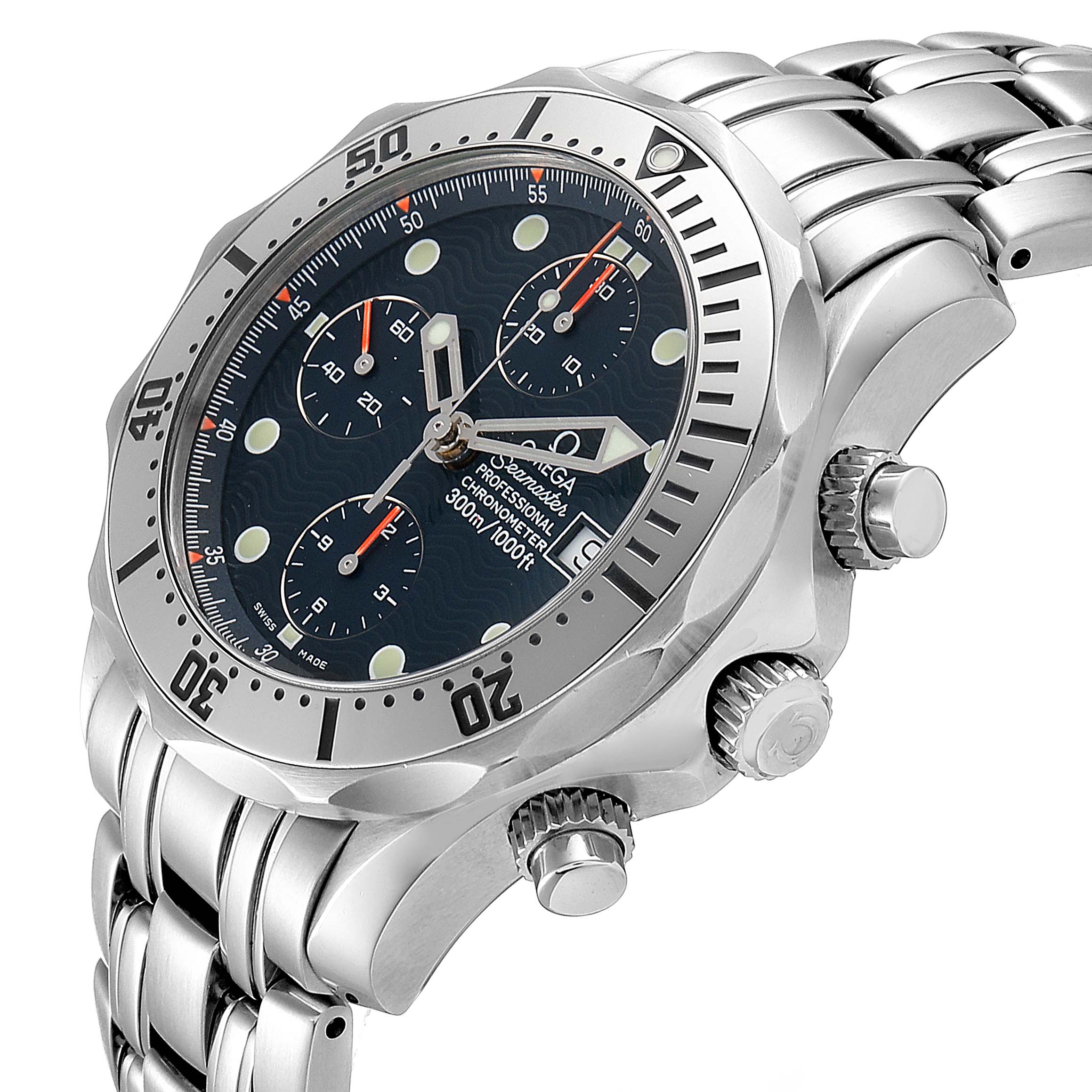 The Omega Seamaster 2598.80.00 Men
s Stainless Steel Blue Dial 2598.80.00 Men
s Stainless Steel Blue Dial watch is shown from an oblique angle, displaying the face, bezel, crown, and stainless steel bracelet.