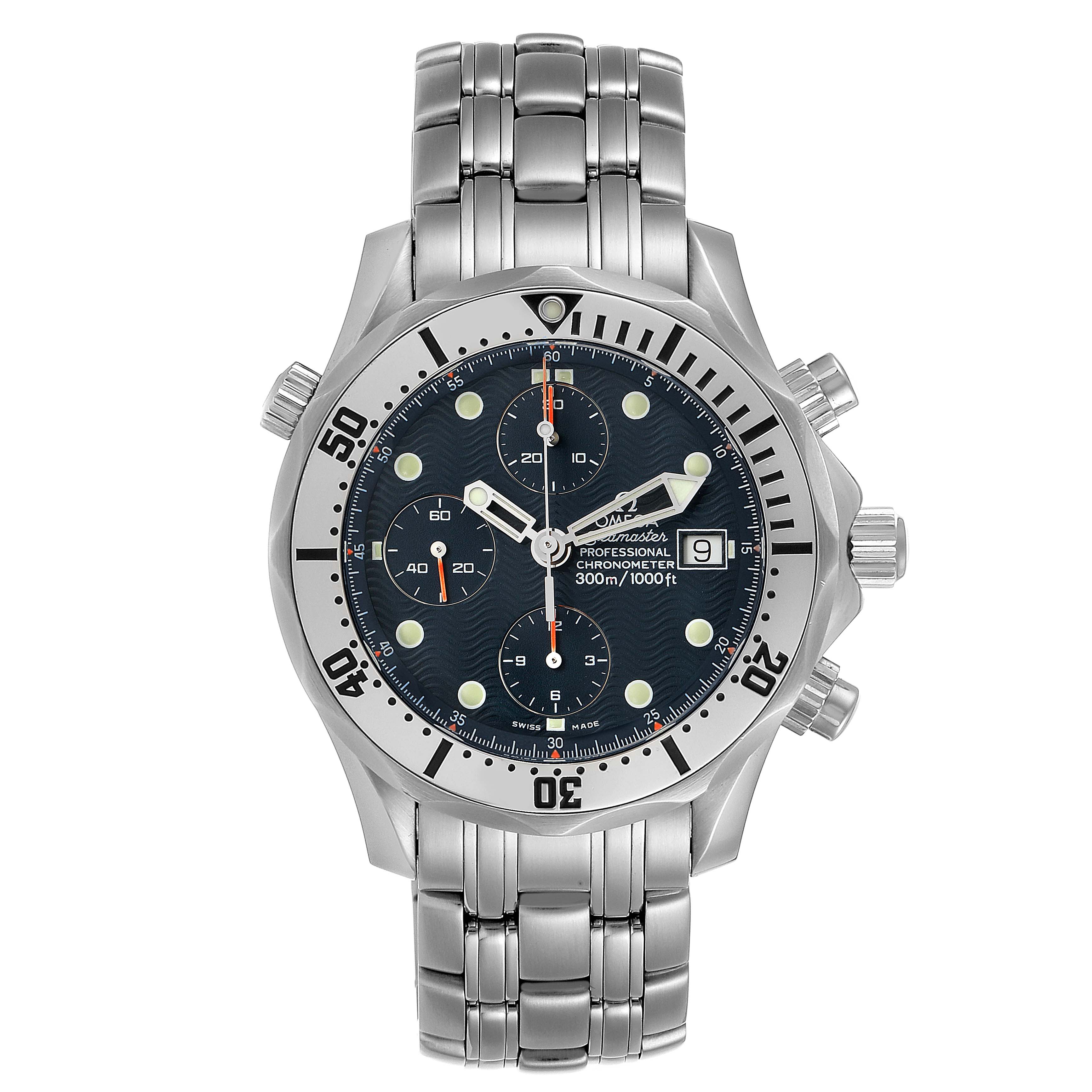 The image shows a front view of the Omega Seamaster 2598.80.00 Men
s Stainless Steel Blue Dial 2598.80.00 Men
s Stainless Steel Blue Dial watch, highlighting the dial, bezel, and bracelet.