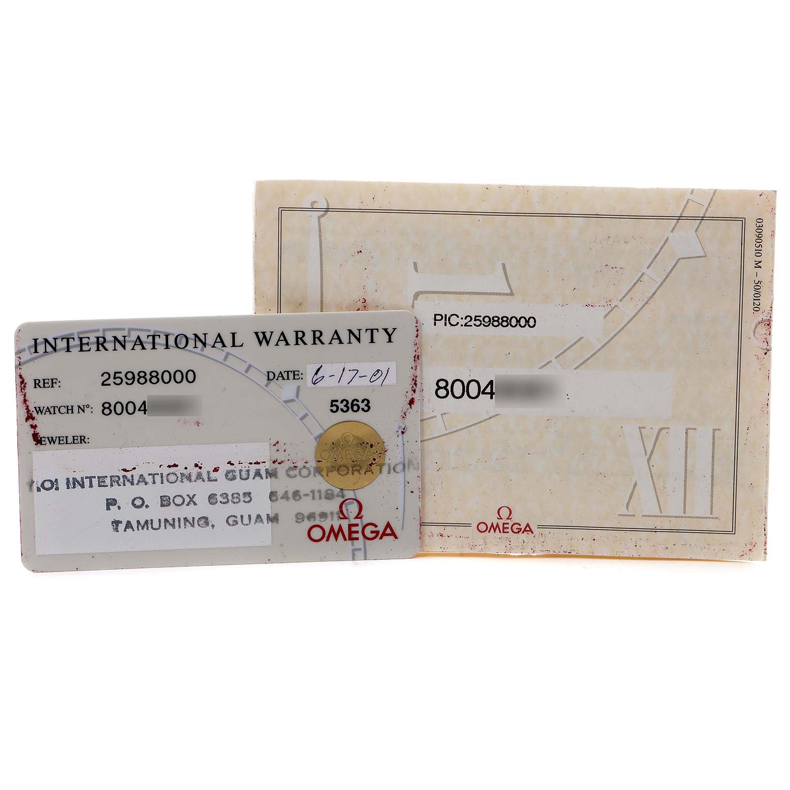 The image shows an international warranty card and booklet for the Omega Seamaster 2598.80.00 Men
s Stainless Steel Blue Dial 2598.80.00 Men
s Stainless Steel Blue Dial model, viewed from the front.