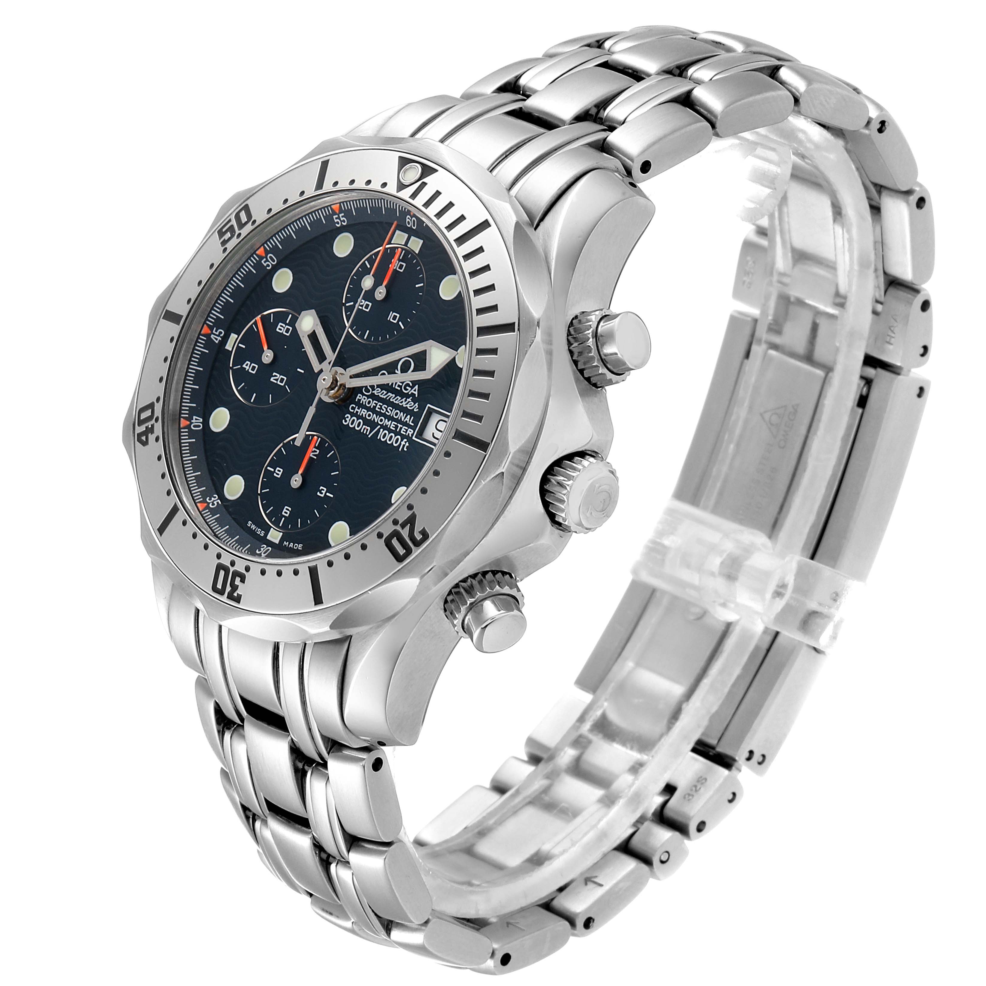 The Omega Seamaster 2598.80.00 Men
s Stainless Steel Blue Dial 2598.80.00 Men
s Stainless Steel Blue Dial watch is shown from an angle that highlights its face, bezel, crown, chronograph subdials, and metal bracelet.
