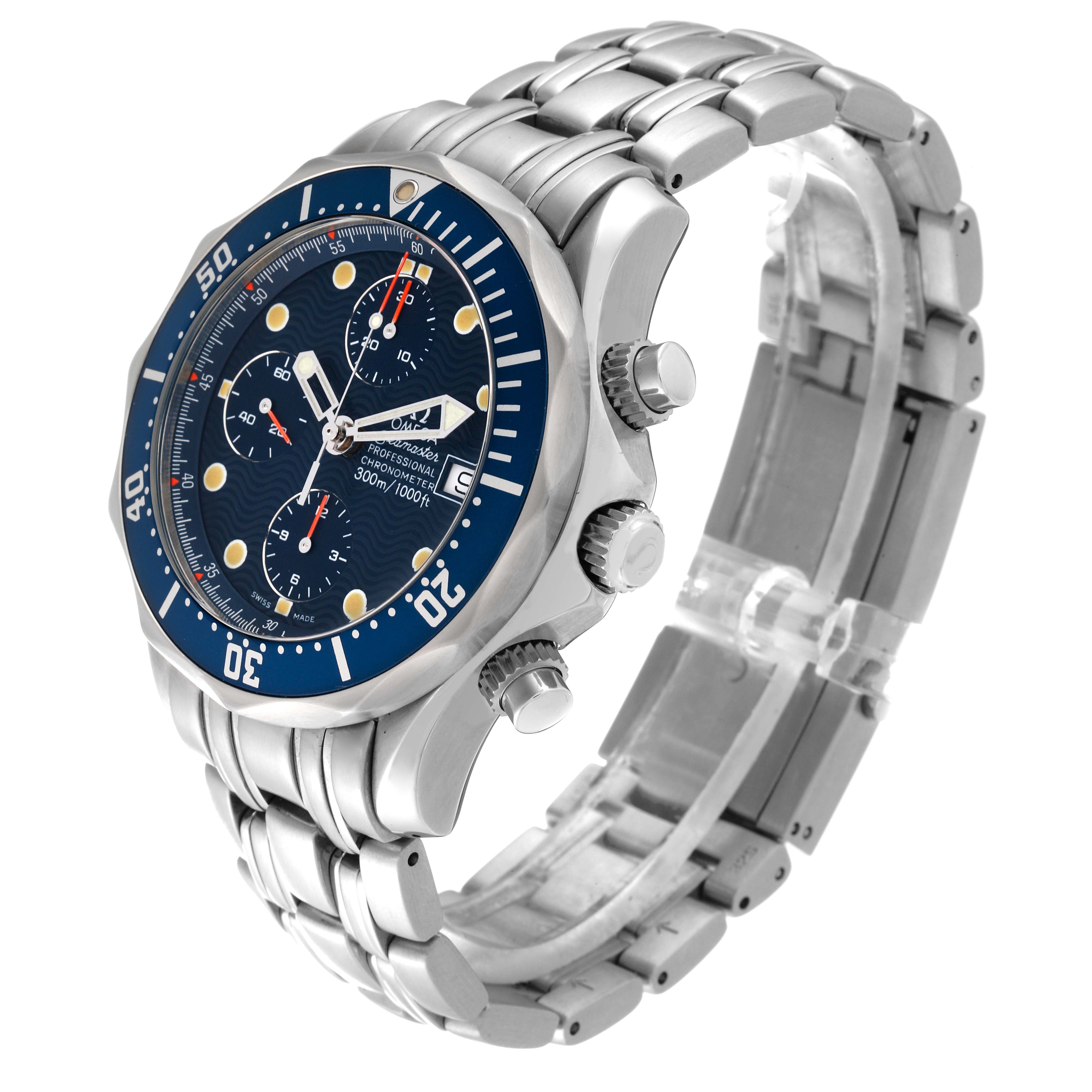 The Omega Seamaster 2599.80.00 Men's Stainless Steel Blue Dial watch is shown at a slight angle, highlighting the bezel, dial, crown, and stainless steel bracelet.