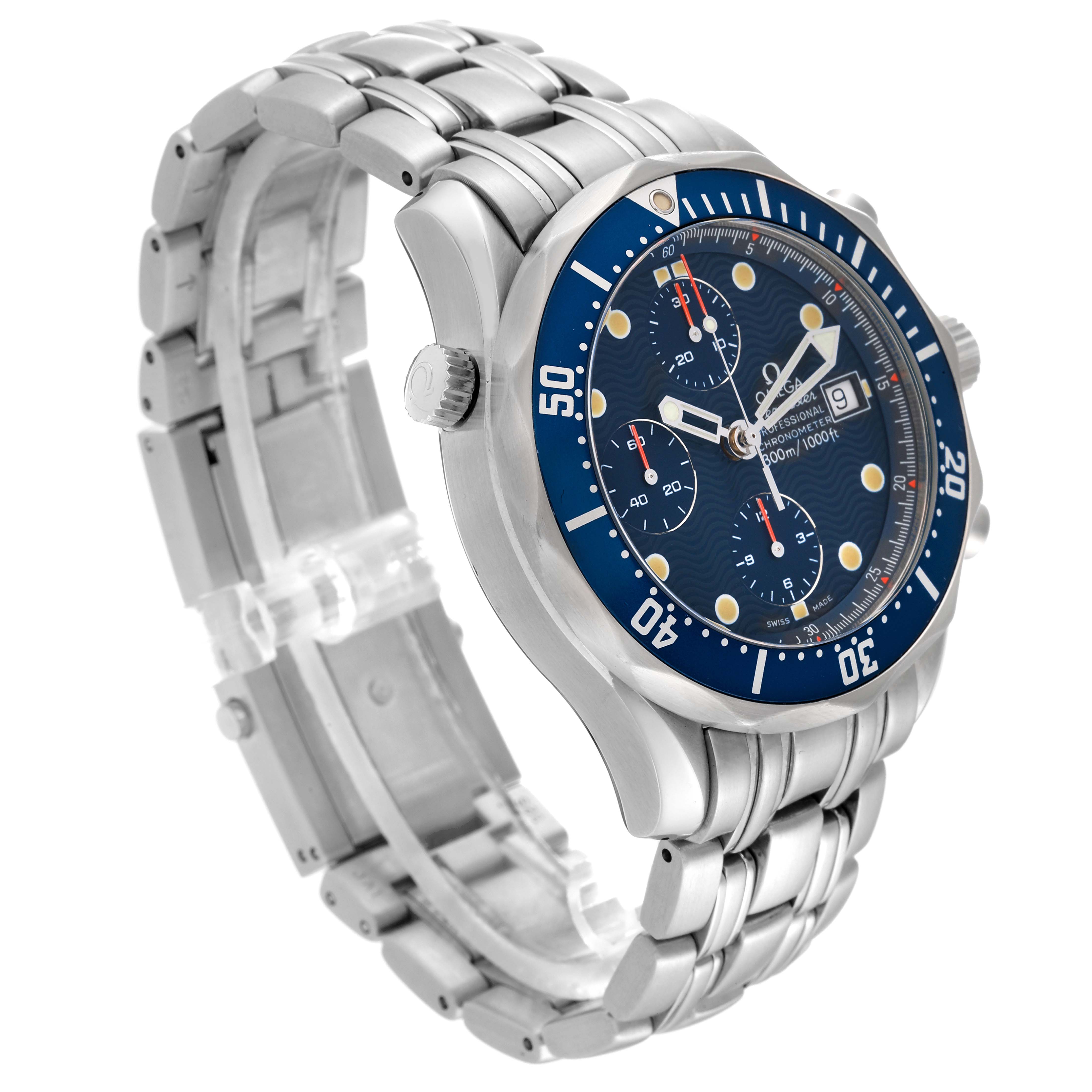The Omega Seamaster 2599.80.00 Men's Stainless Steel Blue Dial watch is shown from a three-quarter angle, highlighting its blue dial, bezel, and metal bracelet.