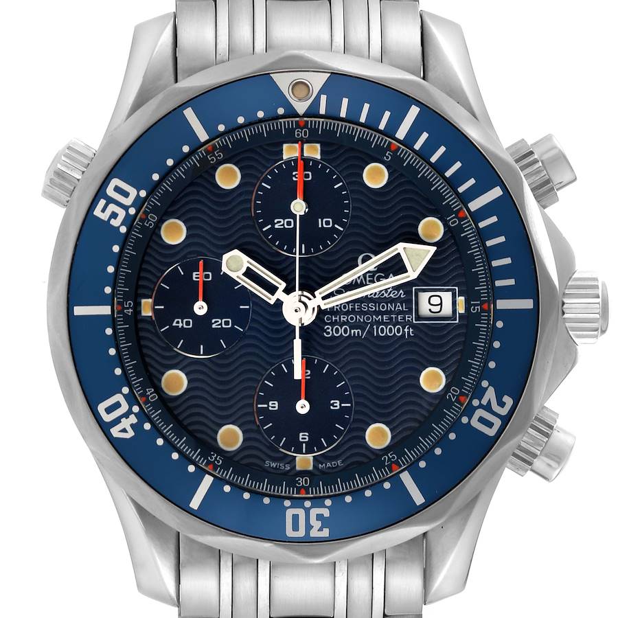The Omega Seamaster 2599.80.00 Men's Stainless Steel Blue Dial watch is shown front-on, displaying its face, bezel, crown, and chronograph dials.