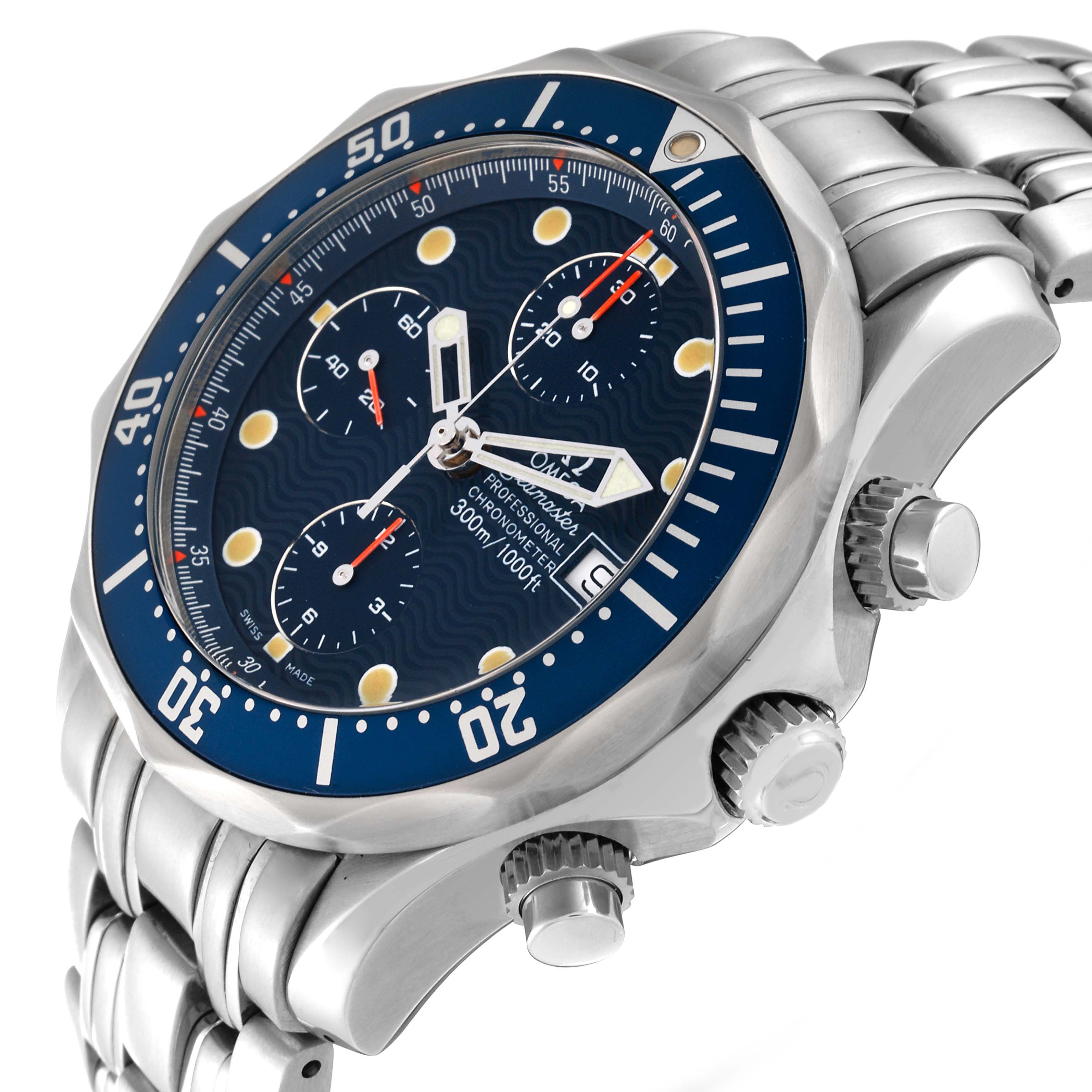 The Omega Seamaster 2599.80.00 Men's Stainless Steel Blue Dial watch is shown at an angle highlighting the face, bezel, crown, pushers, and part of the bracelet.