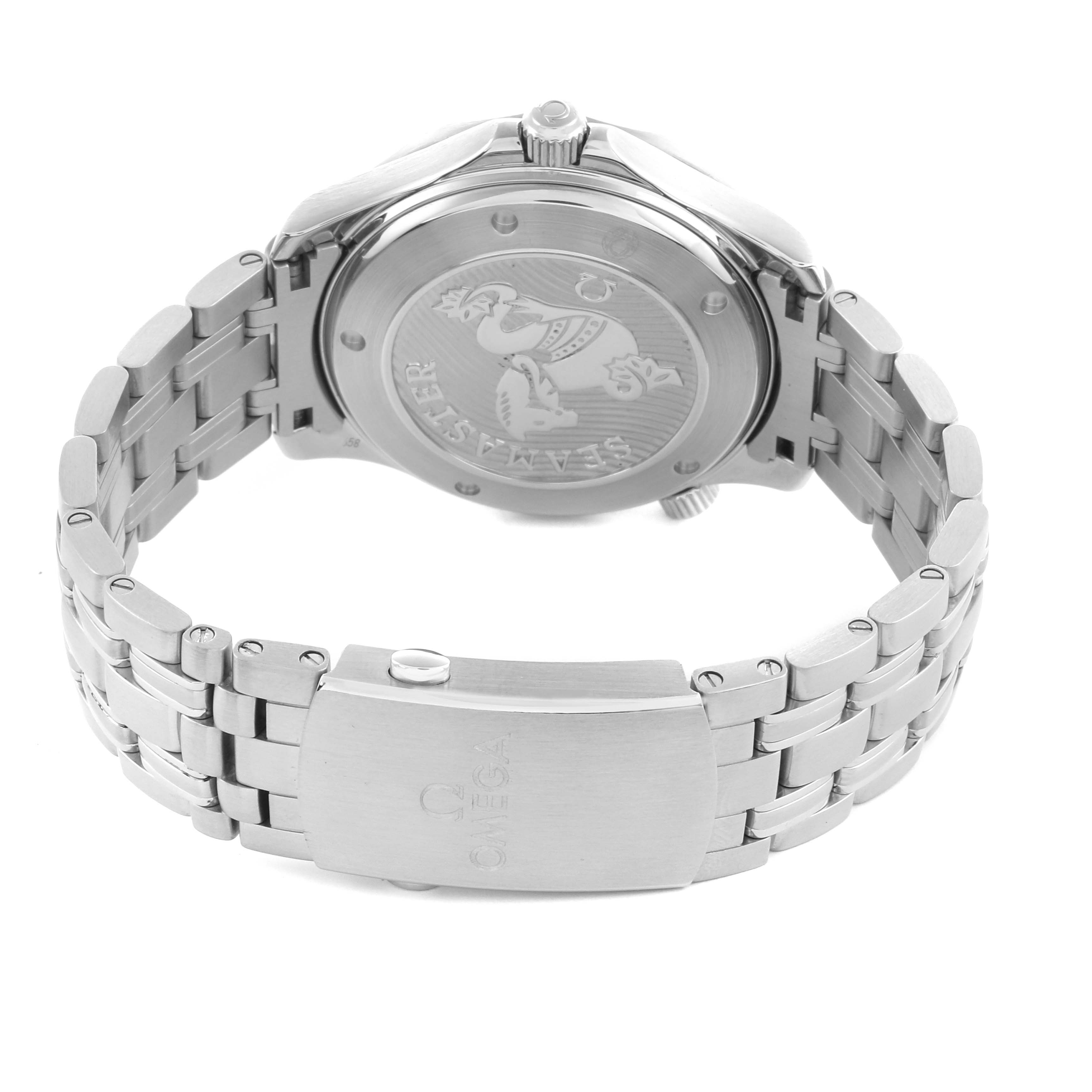 The image shows the back case and bracelet of the Omega Seamaster 212.30.41.20.01.003 Men
s Stainless Steel Black Dial 212.30.41.20.01.003 Men
s Stainless Steel Black Dial watch, highlighting the embossed design and clasp.