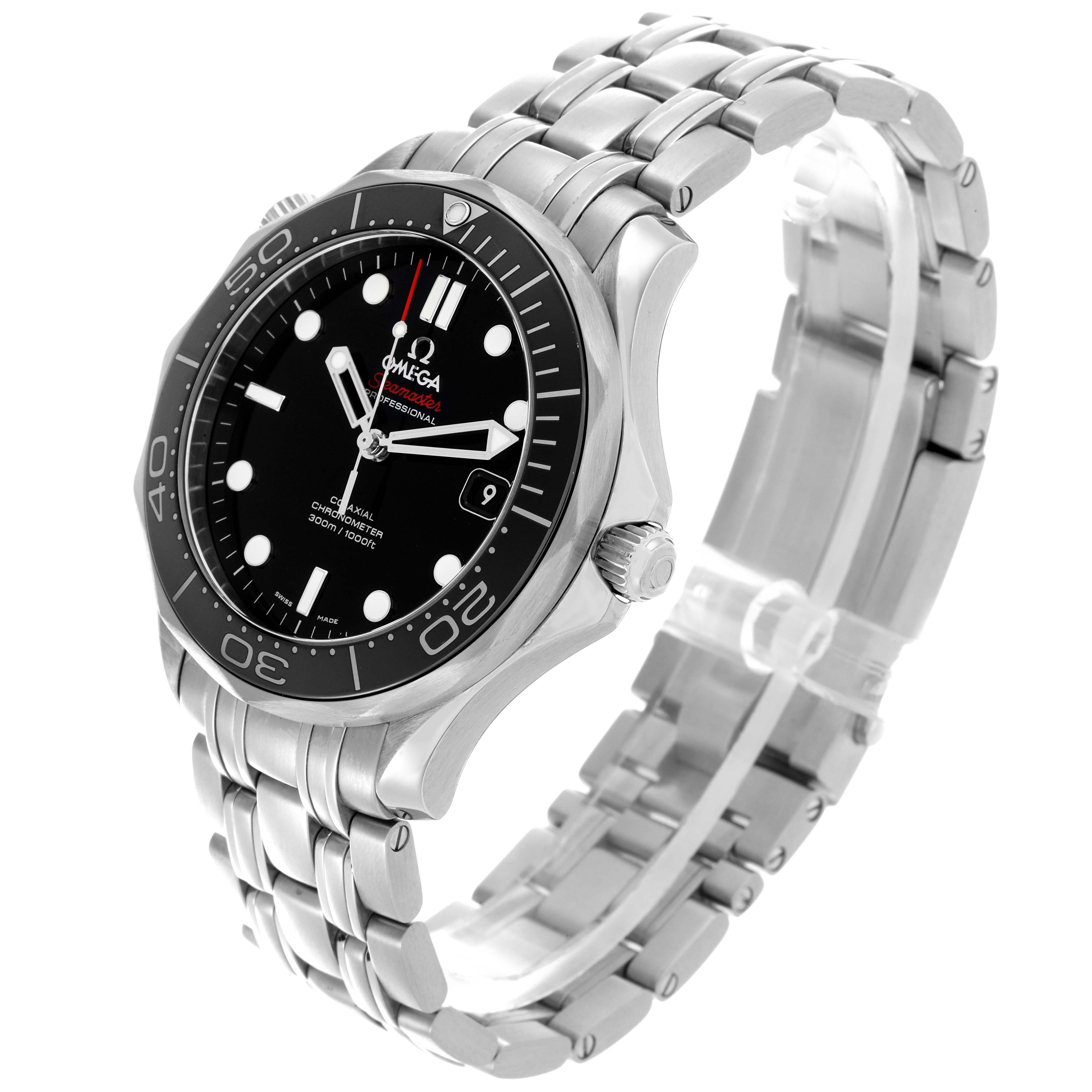 The Omega Seamaster 212.30.41.20.01.003 Men
s Stainless Steel Black Dial 212.30.41.20.01.003 Men
s Stainless Steel Black Dial watch is shown from a three-quarter angle highlighting the dial, bezel, and stainless steel bracelet.