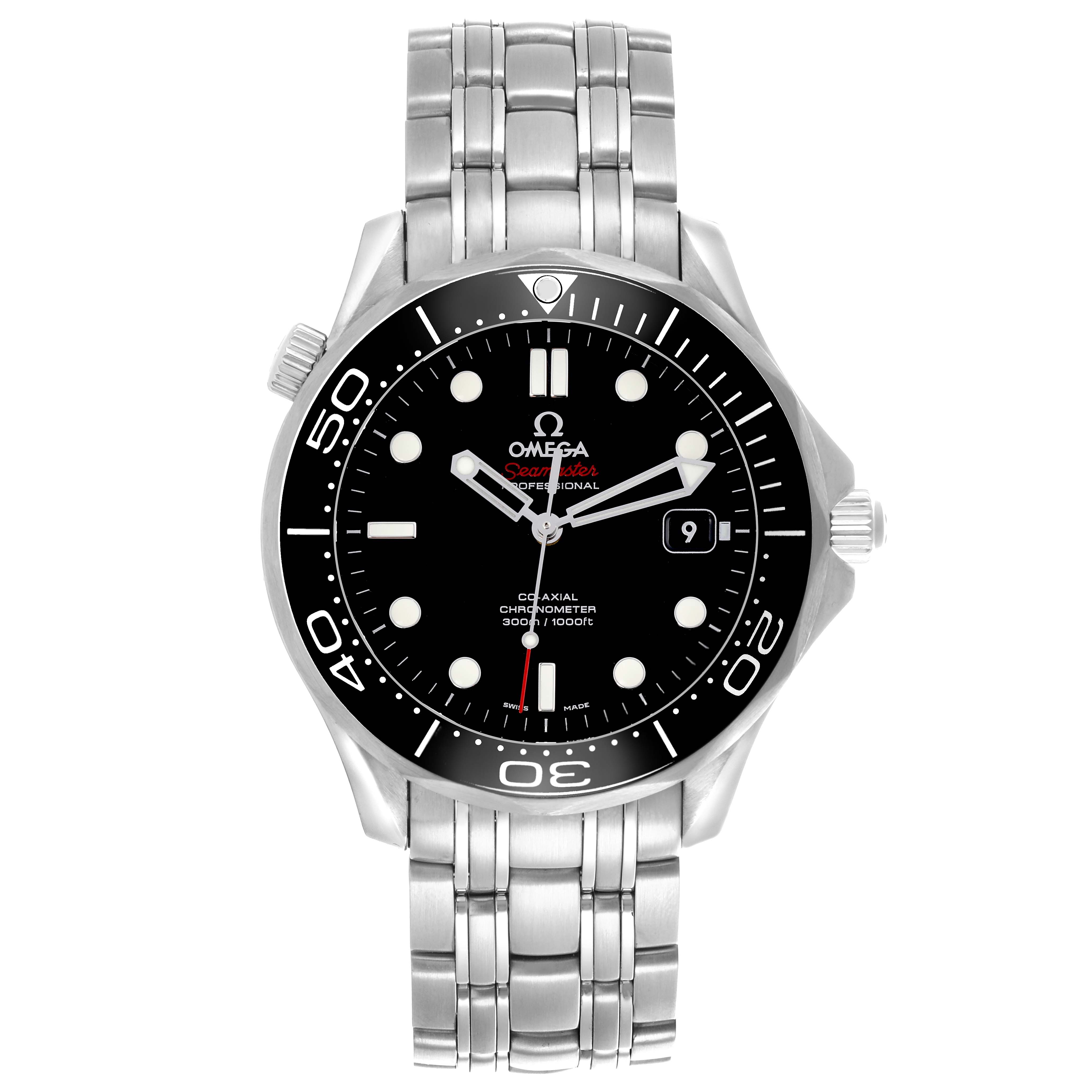 The Omega Seamaster 212.30.41.20.01.003 Men
s Stainless Steel Black Dial 212.30.41.20.01.003 Men
s Stainless Steel Black Dial watch is shown from the front, displaying its face, bezel, and bracelet.