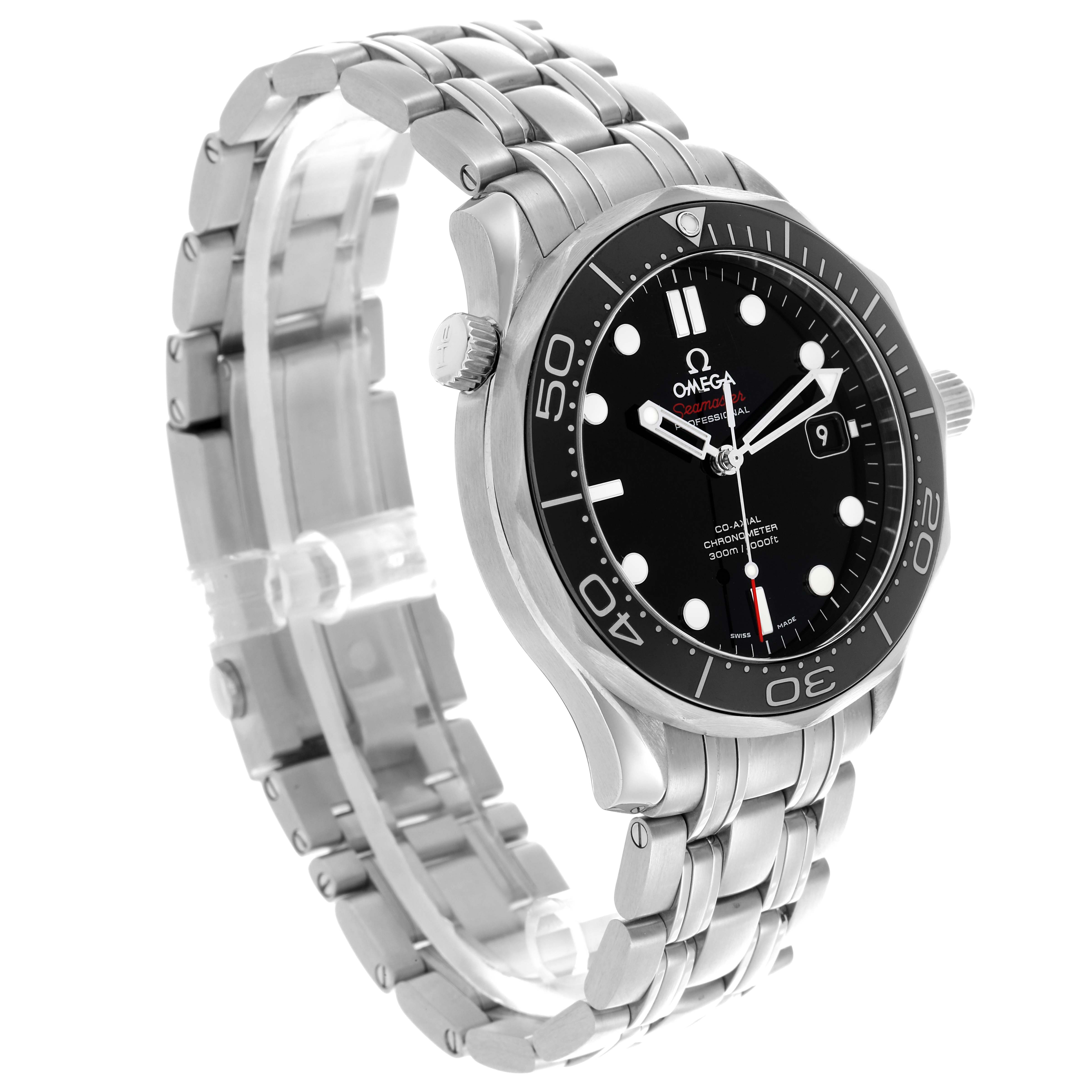 The Omega Seamaster 212.30.41.20.01.003 Men
s Stainless Steel Black Dial 212.30.41.20.01.003 Men
s Stainless Steel Black Dial watch is shown at a three-quarter angle, highlighting the face, bezel, and metal bracelet.