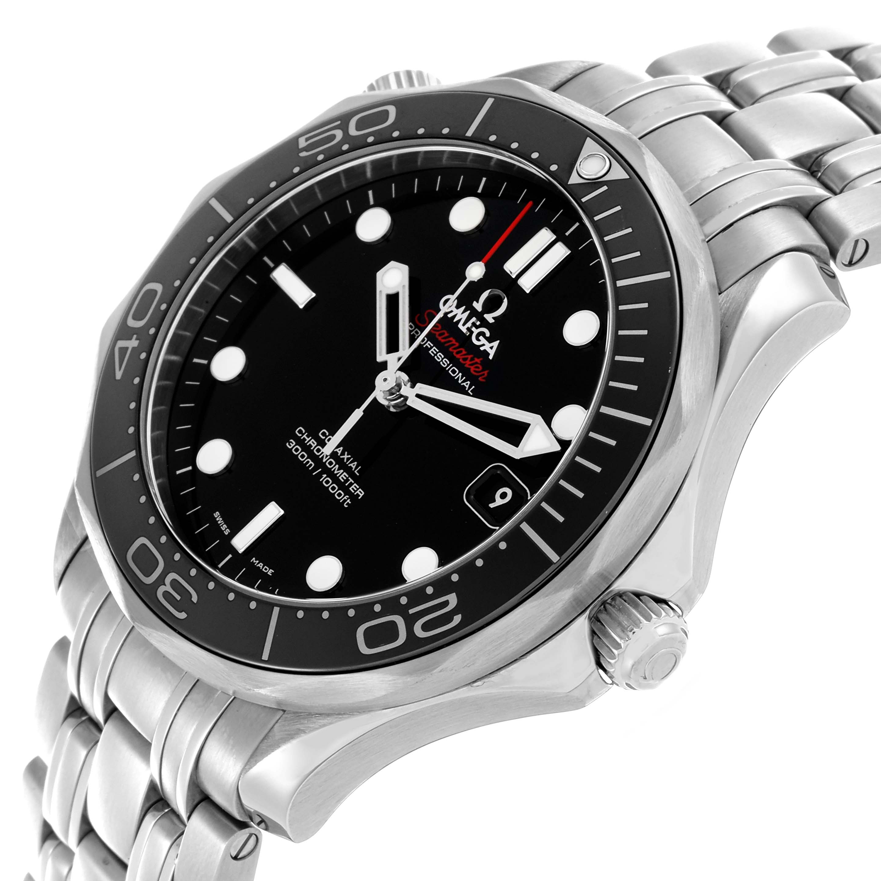 The Omega Seamaster 212.30.41.20.01.003 Men
s Stainless Steel Black Dial 212.30.41.20.01.003 Men
s Stainless Steel Black Dial watch is shown at a three-quarter angle, displaying the face, bezel, crown, and part of the bracelet.