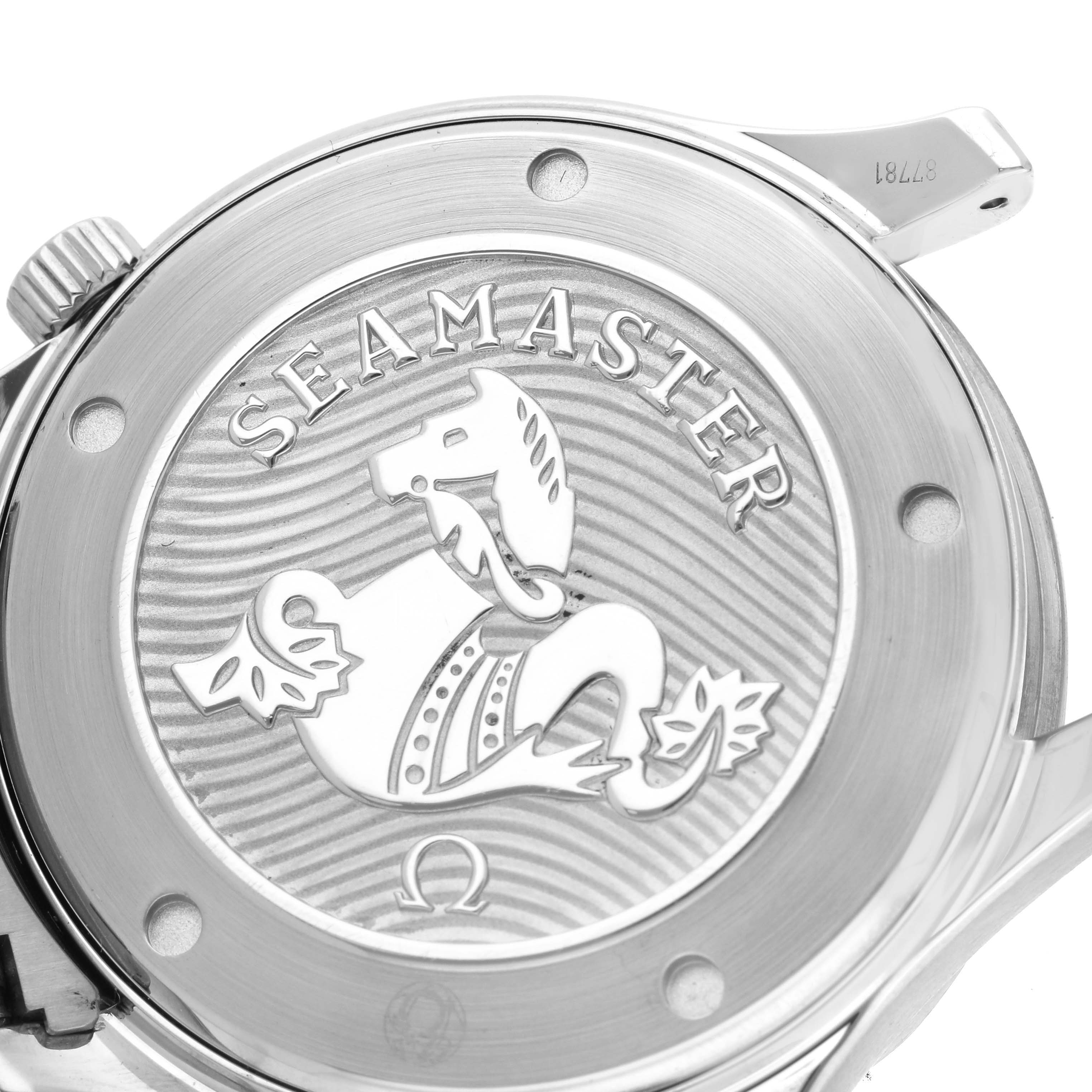 The image shows the back case of the Omega Seamaster 212.30.41.20.01.003 Men
s Stainless Steel Black Dial 212.30.41.20.01.003 Men
s Stainless Steel Black Dial watch with its embossed design and logo.