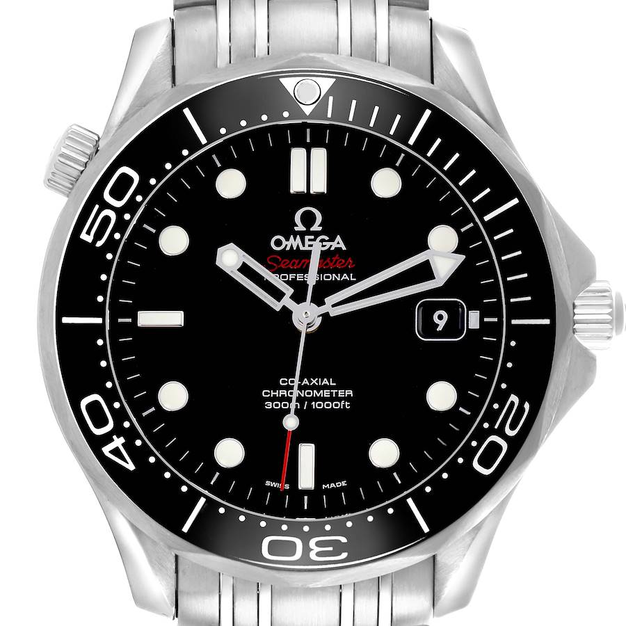 The Omega Seamaster watch is shown from a front angle, highlighting its bezel, dial, hands, and bracelet.