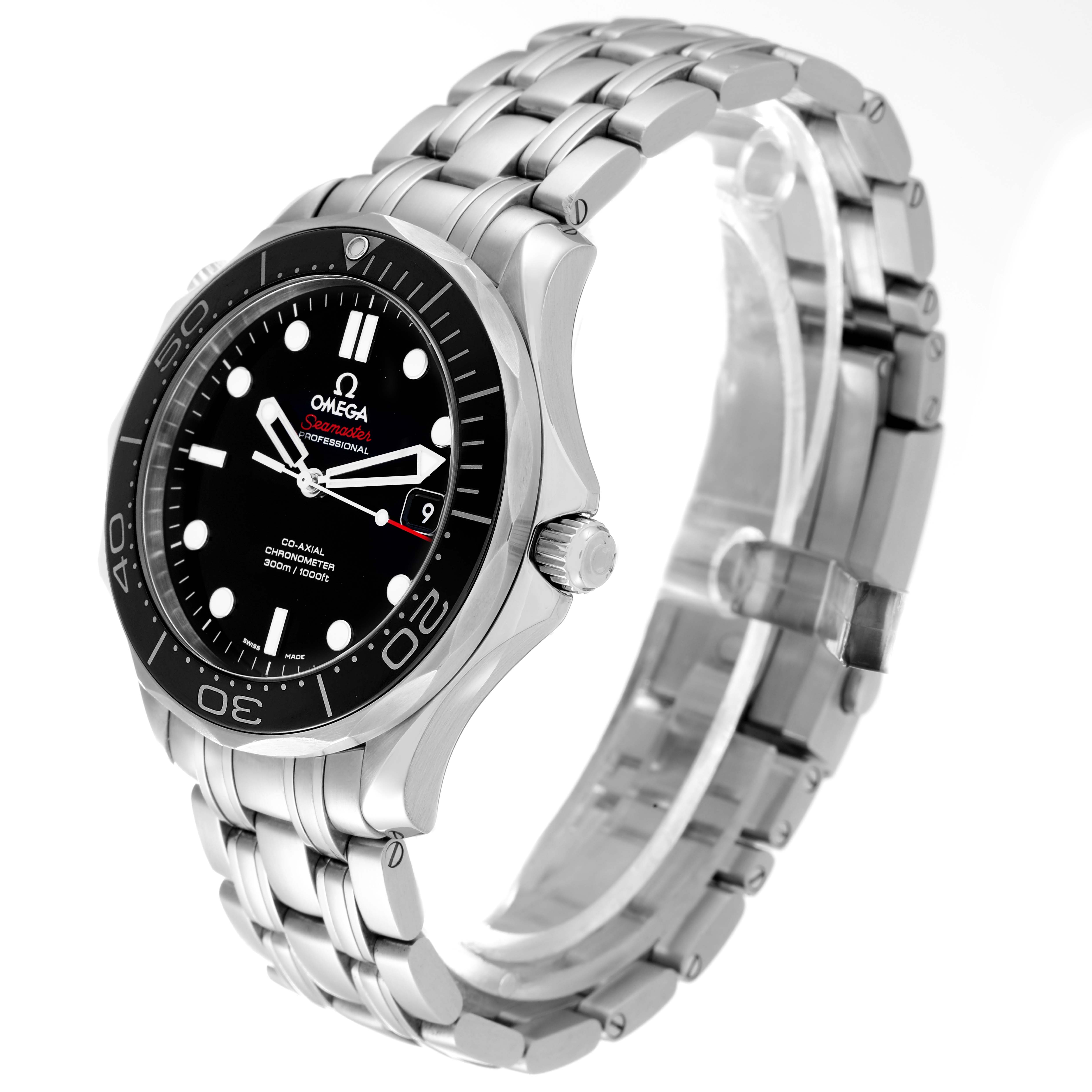 This image shows an Omega Seamaster 212.30.41.20.01.003 Men's Stainless Steel Black Dial 212.30.41.20.01.003 Men's Stainless Steel Black Dial watch at a three-quarter angle, displaying the face, bezel, crown, and metal bracelet.