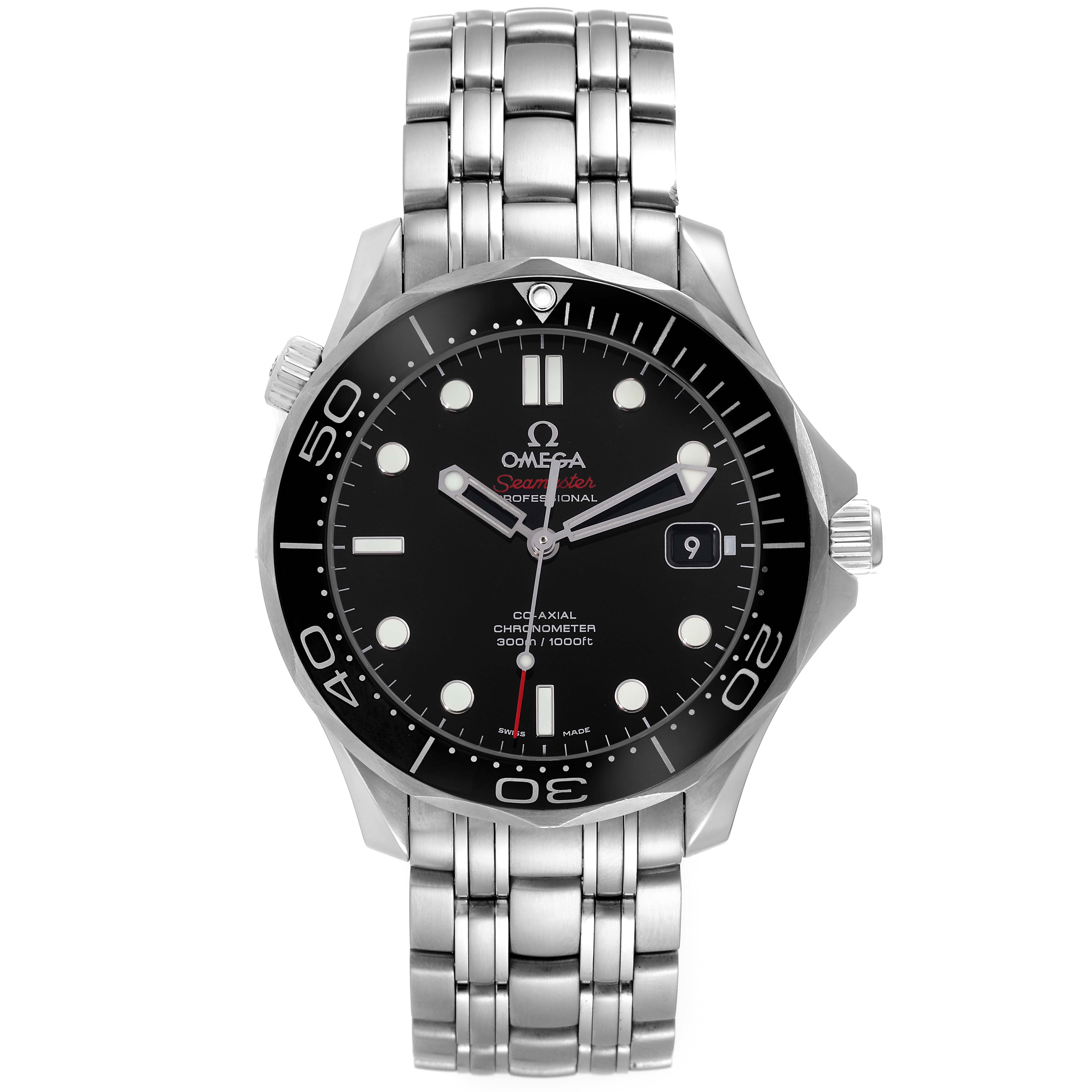 The image shows a front view of an Omega Seamaster 212.30.41.20.01.003 Men's Stainless Steel Black Dial 212.30.41.20.01.003 Men's Stainless Steel Black Dial watch, highlighting its black dial, bezel, and metal bracelet.