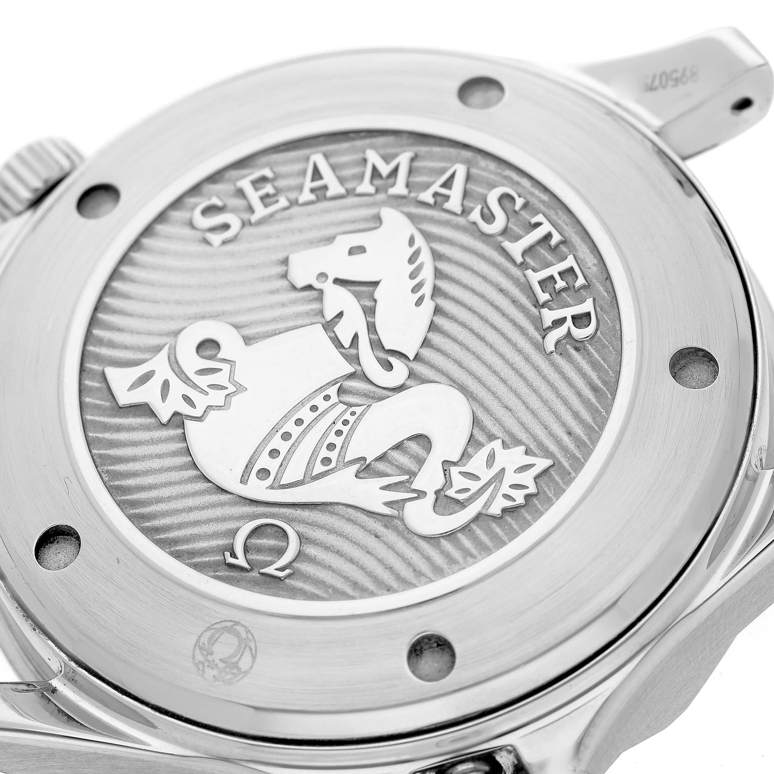 The image shows the case back of an Omega Seamaster 212.30.41.20.01.003 Men's Stainless Steel Black Dial 212.30.41.20.01.003 Men's Stainless Steel Black Dial watch, featuring the engraved logo and surrounding screws.