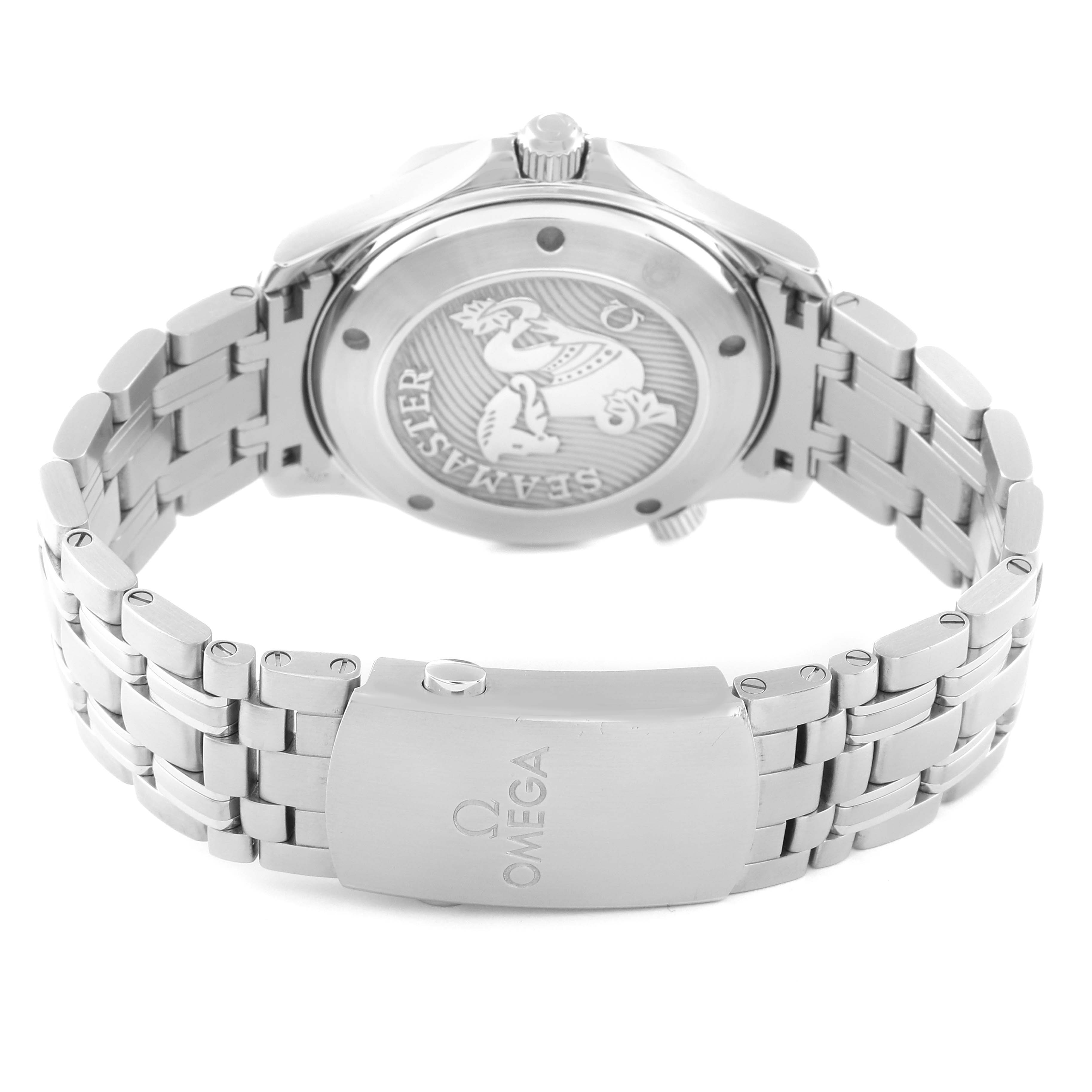 The image shows the back and bracelet of an Omega Seamaster 212.30.41.20.01.003 Men's Stainless Steel Black Dial 212.30.41.20.01.003 Men's Stainless Steel Black Dial watch, highlighting the case back and clasp.