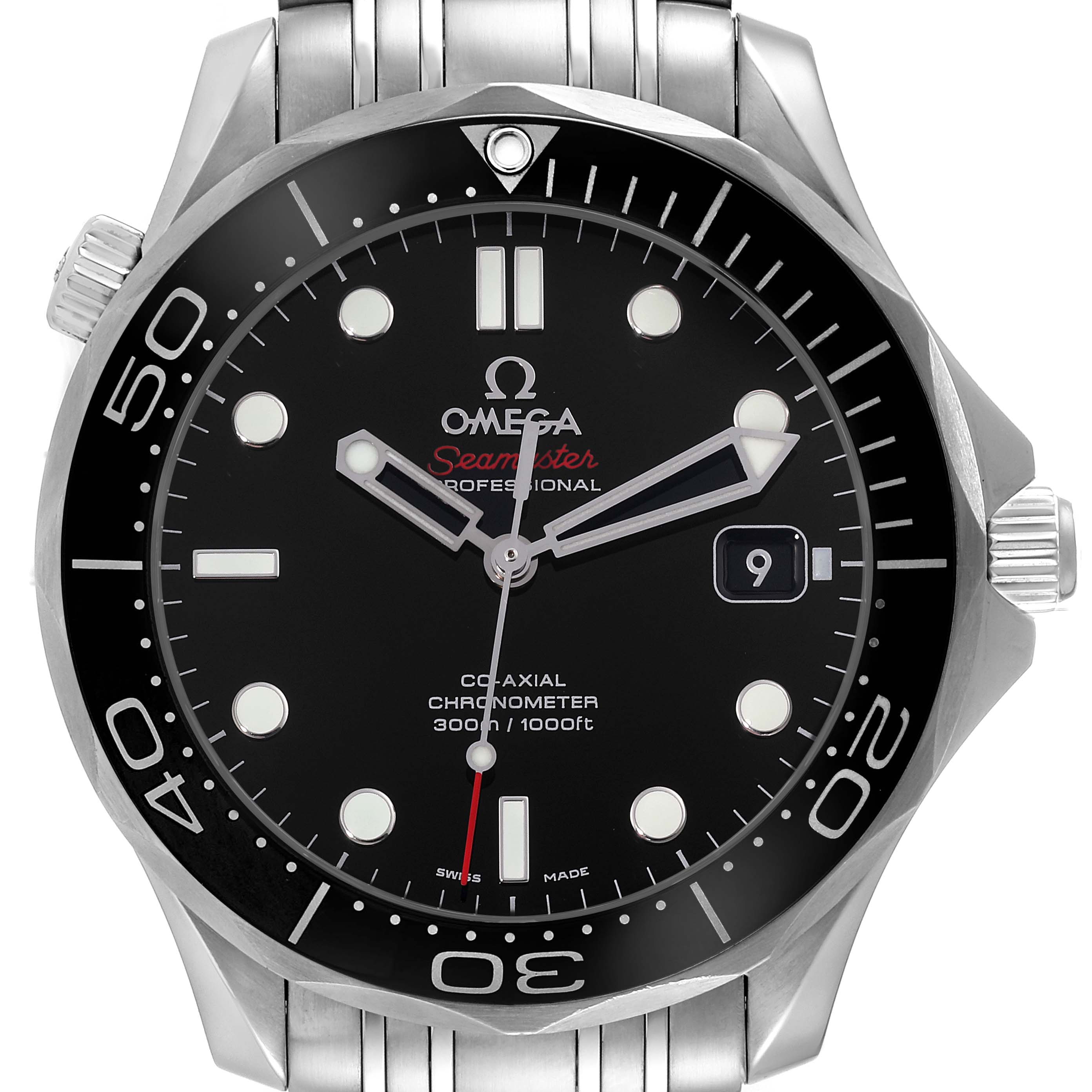 The image shows a front view of the Omega Seamaster 212.30.41.20.01.003 Men's Stainless Steel Black Dial 212.30.41.20.01.003 Men's Stainless Steel Black Dial watch, highlighting the dial, hands, bezel, and part of the bracelet.