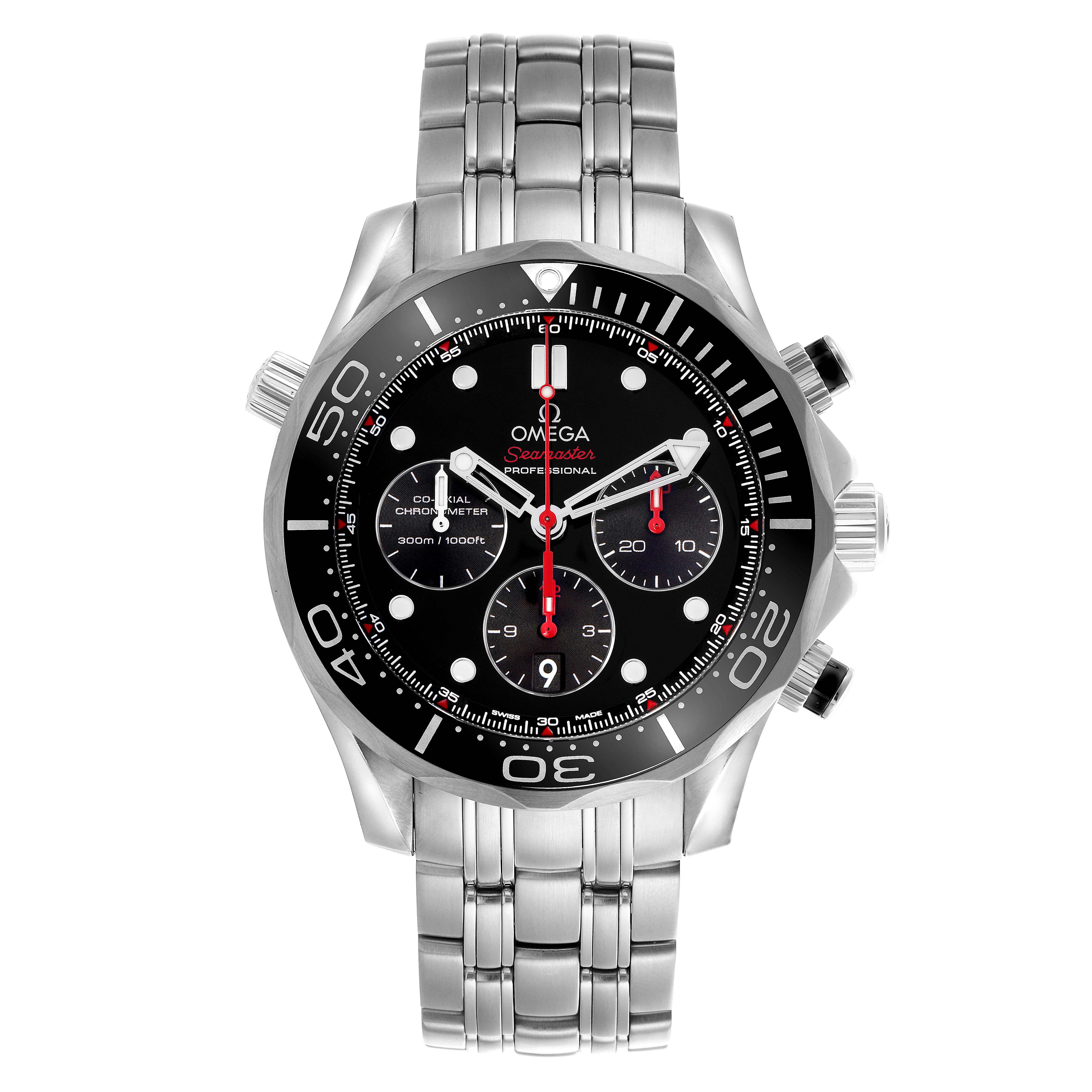 The Omega Seamaster 212.30.44.50.01.001 Men's Stainless Steel Black Dial watch is shown from a front angle, highlighting its bezel, dial, hands, subdials, and bracelet.