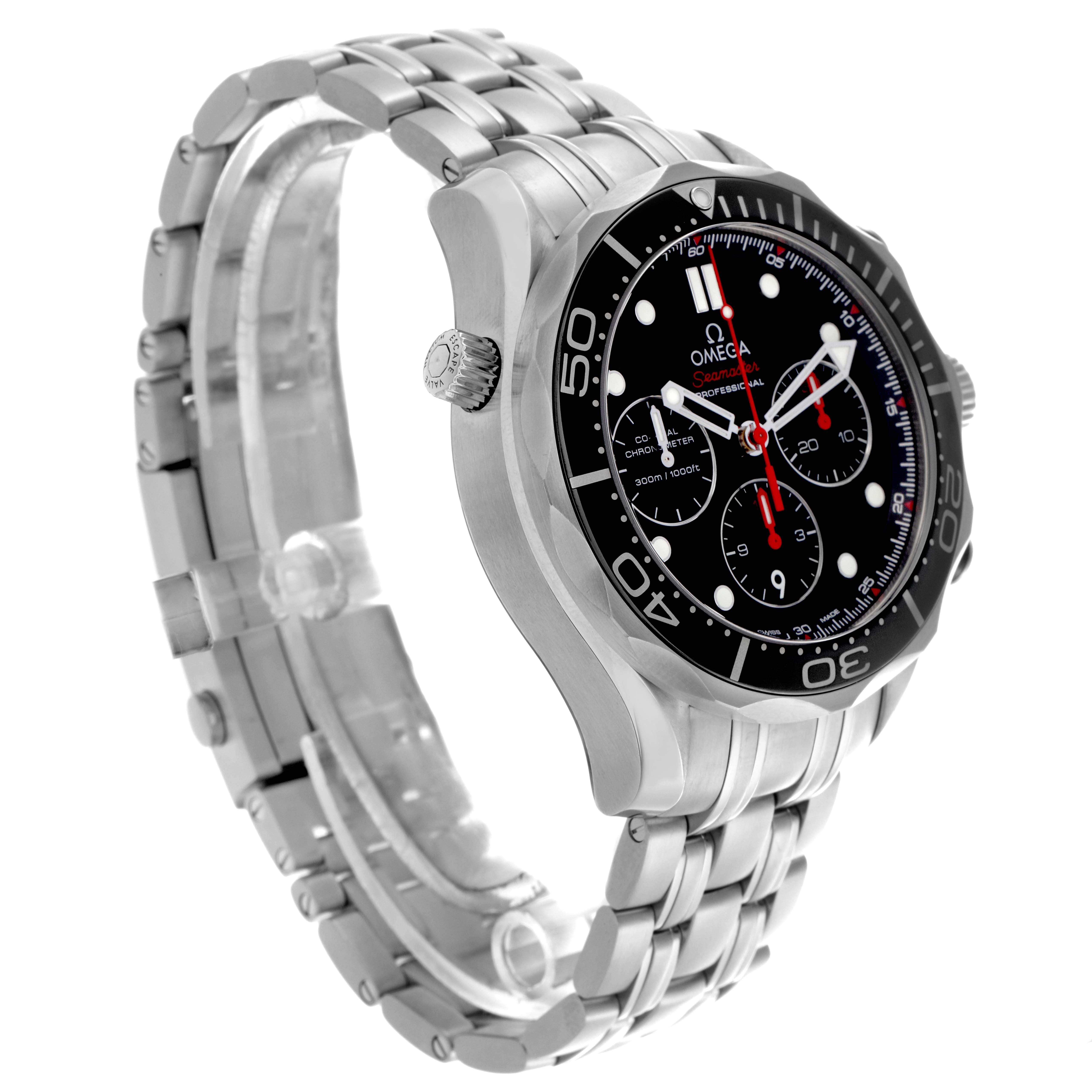 The Omega Seamaster 212.30.44.50.01.001 Men's Stainless Steel Black Dial watch is shown at an angled side view, highlighting the dial, bezel, and bracelet.